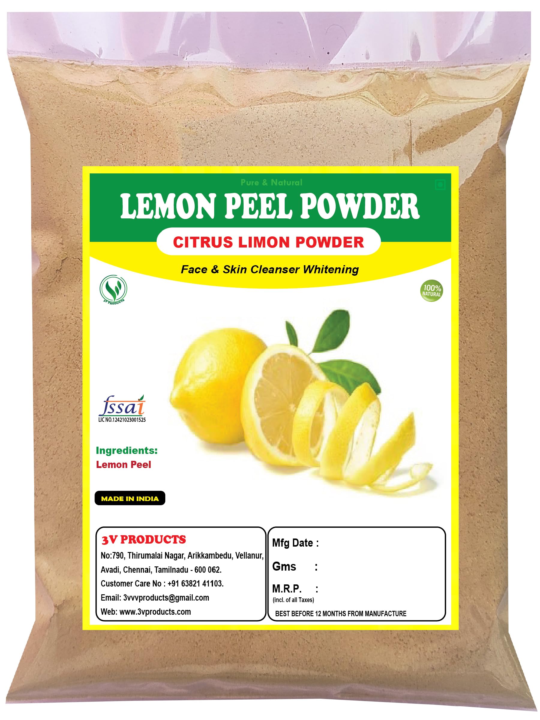 3V PRODUCTS Natural Lemon Peel Powder - Pack of 2x50g - 100% Pure Vitamin C Face Mask for Skin Brightening, Tan Removal & Hair Care | DIY Beauty Treatment for Glowing Skin & Healthy Hair
