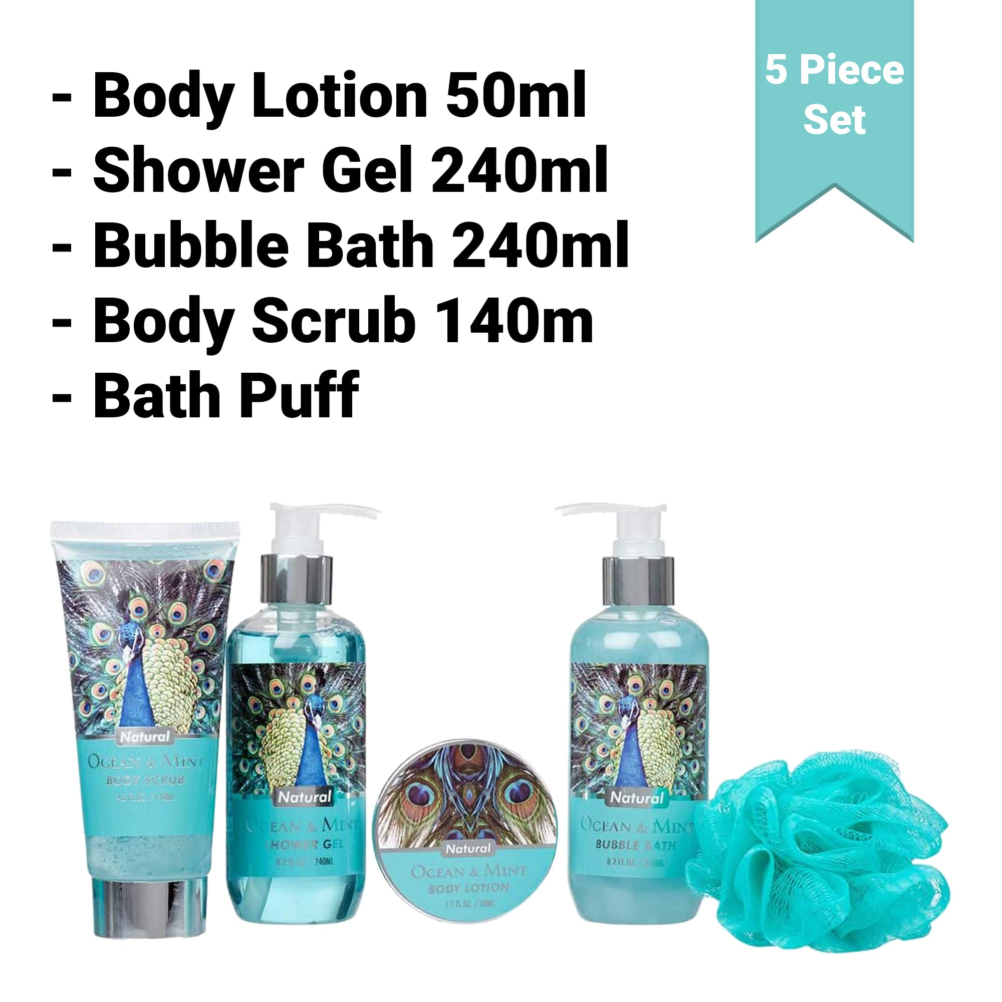 5-Piece Ocean Mint Peacock Gift Set for Body & Bath - Includes Body Lotion, Shower Gel, Bubble Bath, Body Scrub & Bath Puff | Spa Day, Relaxation, Self-Care & Luxury Gift Idea