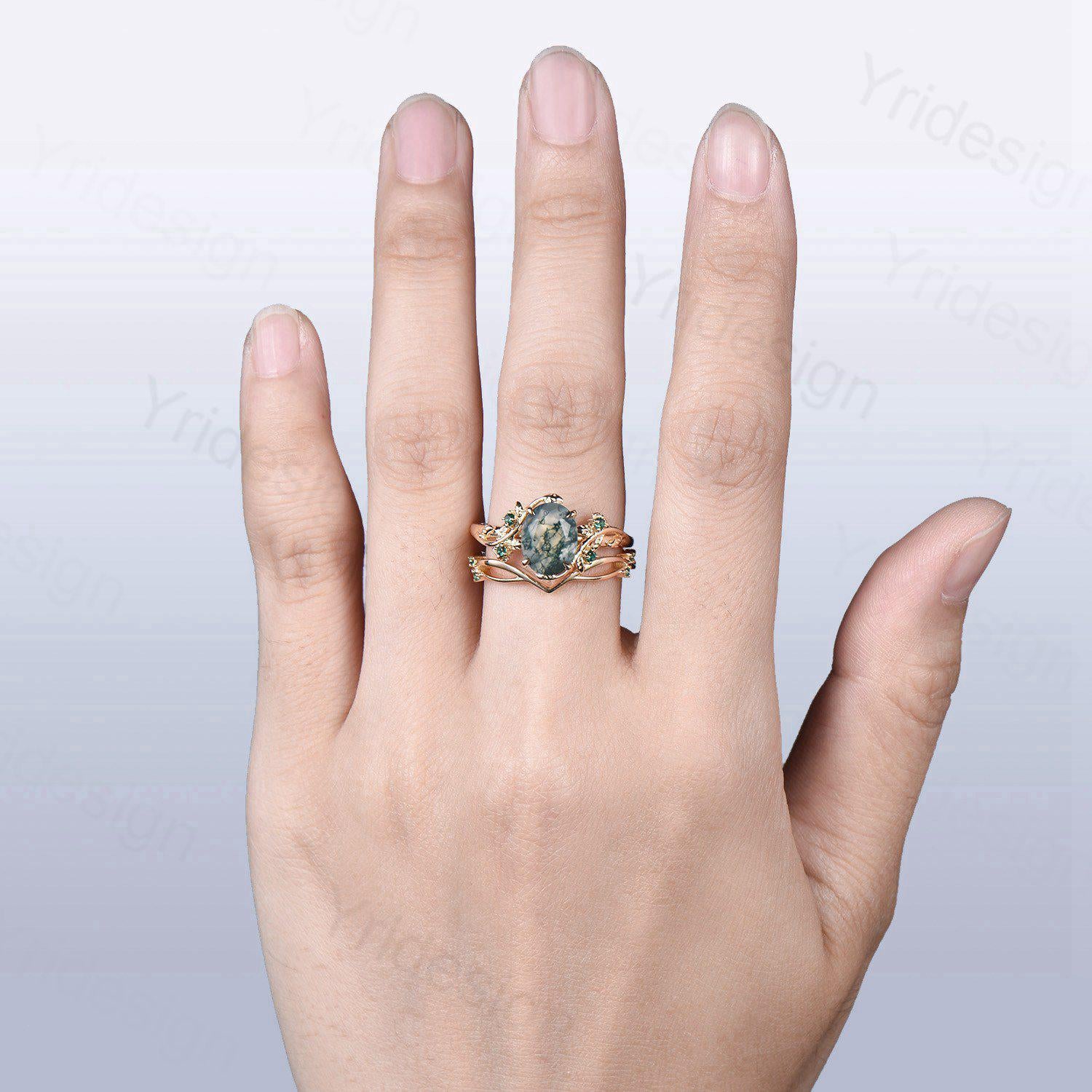 2CT Oval Moss Agate Ring Set in 14K Yellow Gold - Nature Inspired Green Agate Engagement Ring, Cluster Emerald Anniversary Ring for Women - Perfect for Weddings, Proposals & Special Occasions