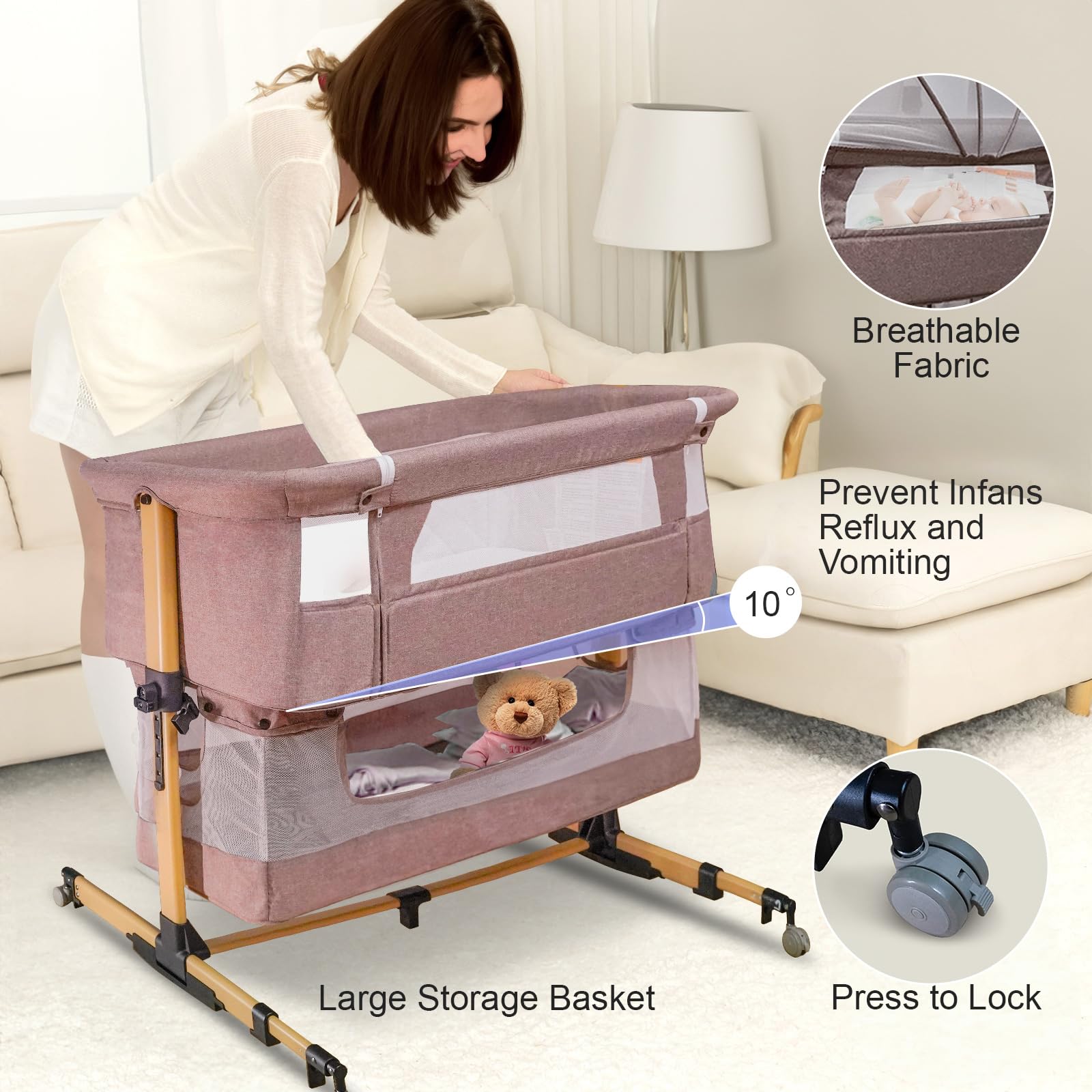 3-in-1 Portable Baby Bassinet & Bedside Sleeper with Storage Basket - Adjustable Folding Travel Crib for Newborns - Perfect for Nursery, Bedroom Co-Sleeping & Family Trips