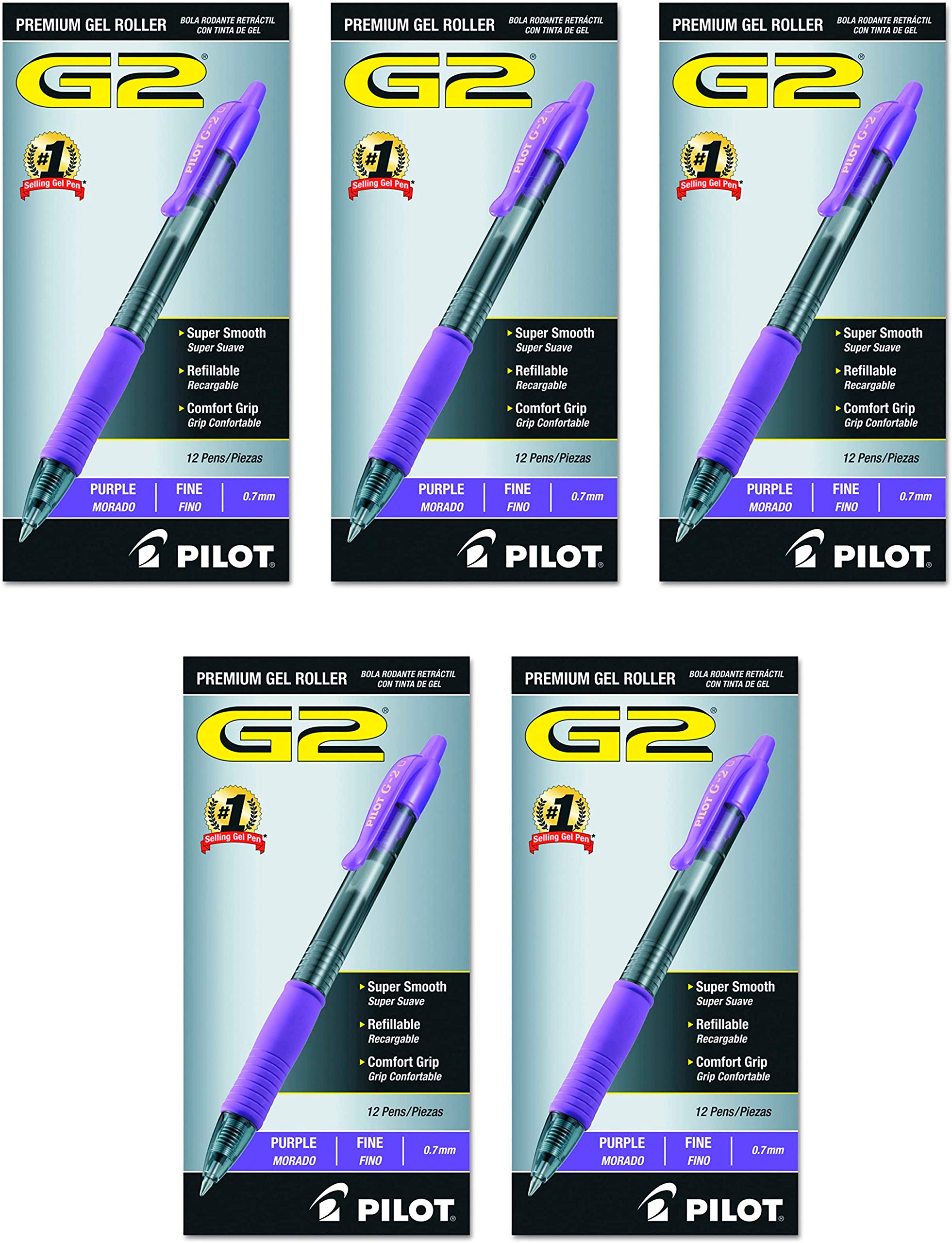 PILOT G2 Premium Refillable Retractable Gel Pens - Fine Point 0.7mm, Smooth Purple Ink, 12-Pack (5 Sets) - Ideal for Office, School, Note Taking & Gift Giving