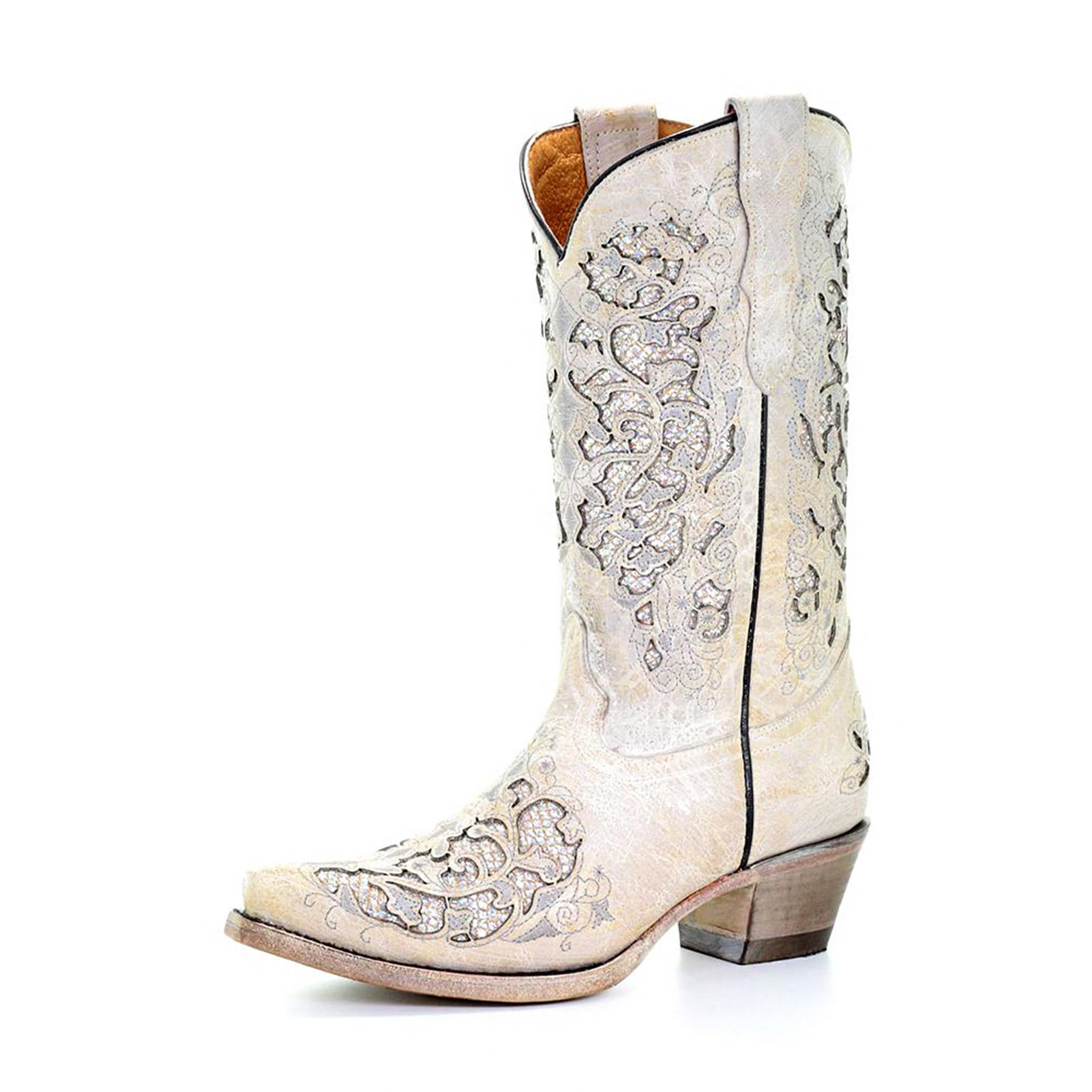 **White Glitter Cowgirl Boots for Teens | Low Heel Leather Western Boots with Embroidery & Snip Toe – Perfect for Rodeo, Parties & Everyday Wear**