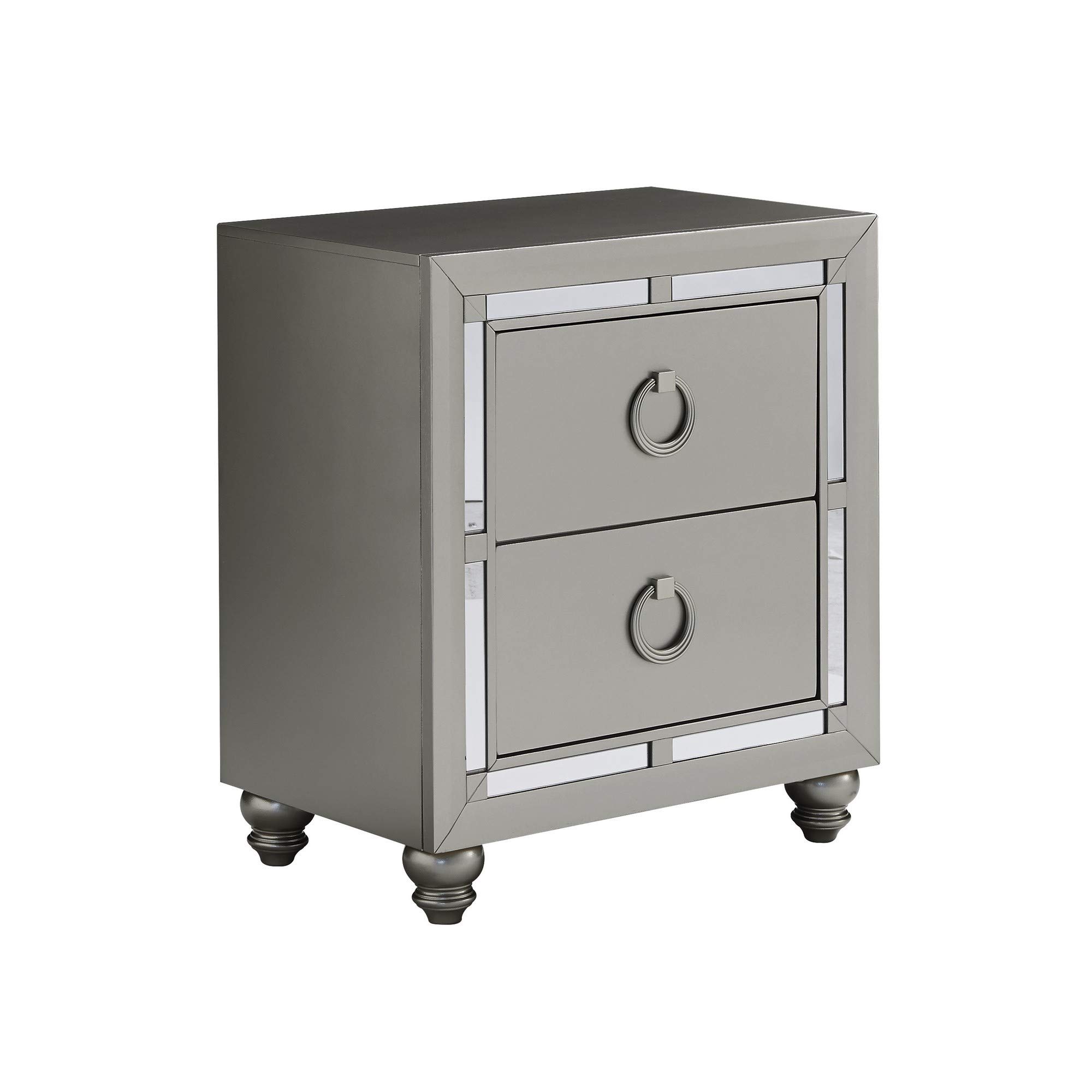 Silver Champagne Tone Nightstand with 2 Drawers & Mirror Trim - Modern Bedroom Side Table for Small Spaces, Guest Rooms & Apartment Decor