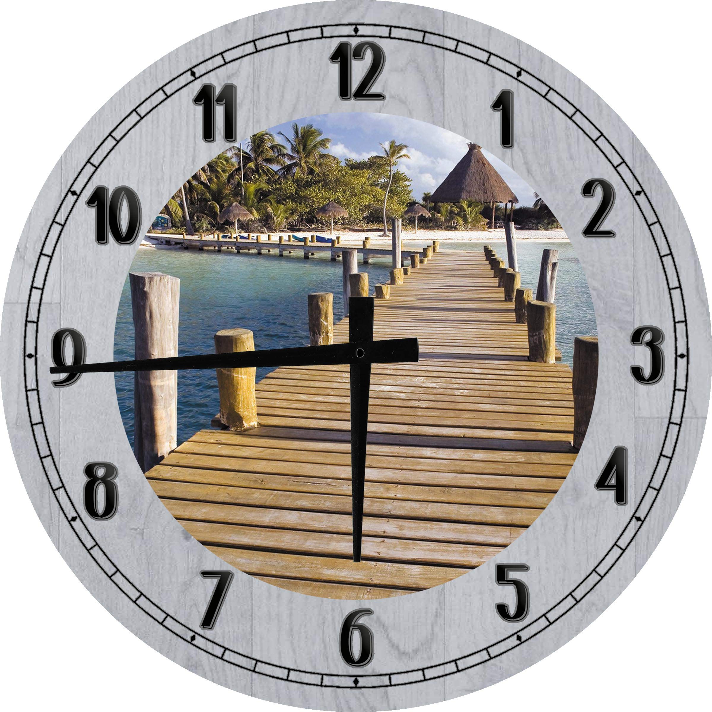 24 Inch Tropical Wall Art Wooden Dock Clock - Battery Operated Gray, Featuring Palm Trees, Tiki Hut, White Sand - Perfect for Beach House, Living Room, and Coastal Decor