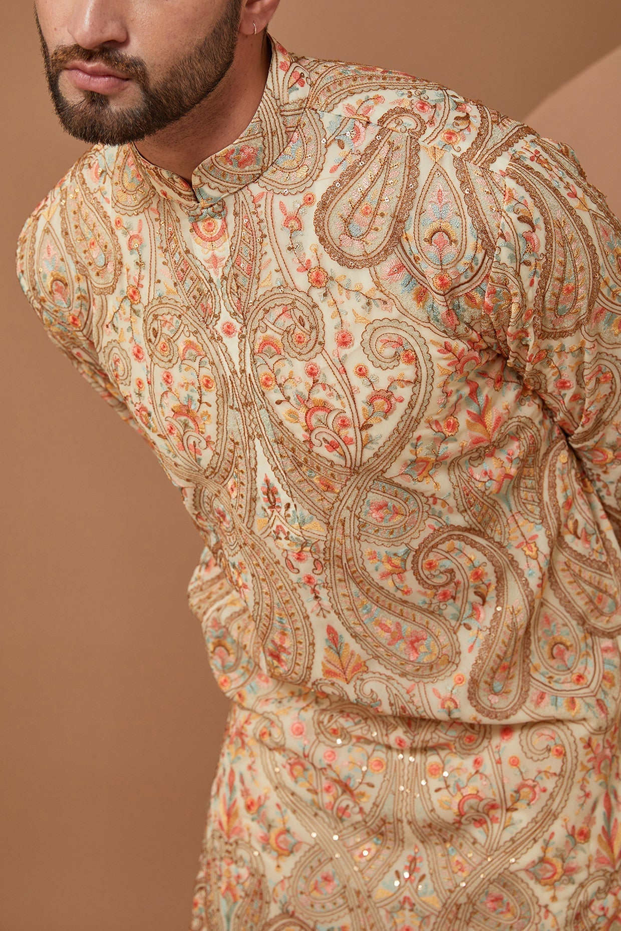 Ivory Cream Kashmiri Jamawar Embroidered Kurta for Women - Traditional Indian Ethnic Dress for Festivals & Weddings