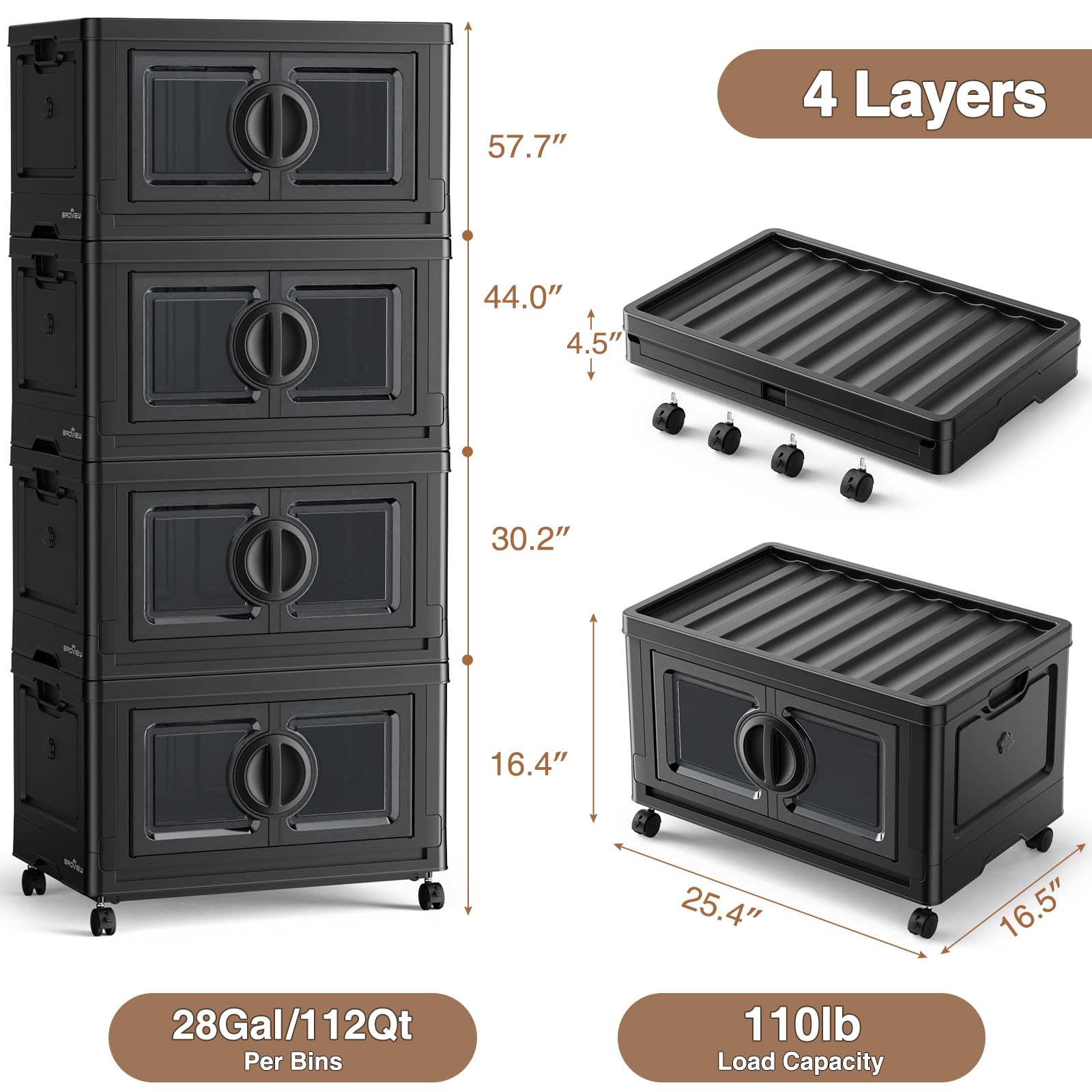 V9 112-Gallon Stackable Collapsible Storage Bins with Wheels & Lids - 4-Pack Black Plastic Organizing Bins for Closet, Home, Office, Garage - Perfect for Seasonal Storage, Toy Organization & Space Saving