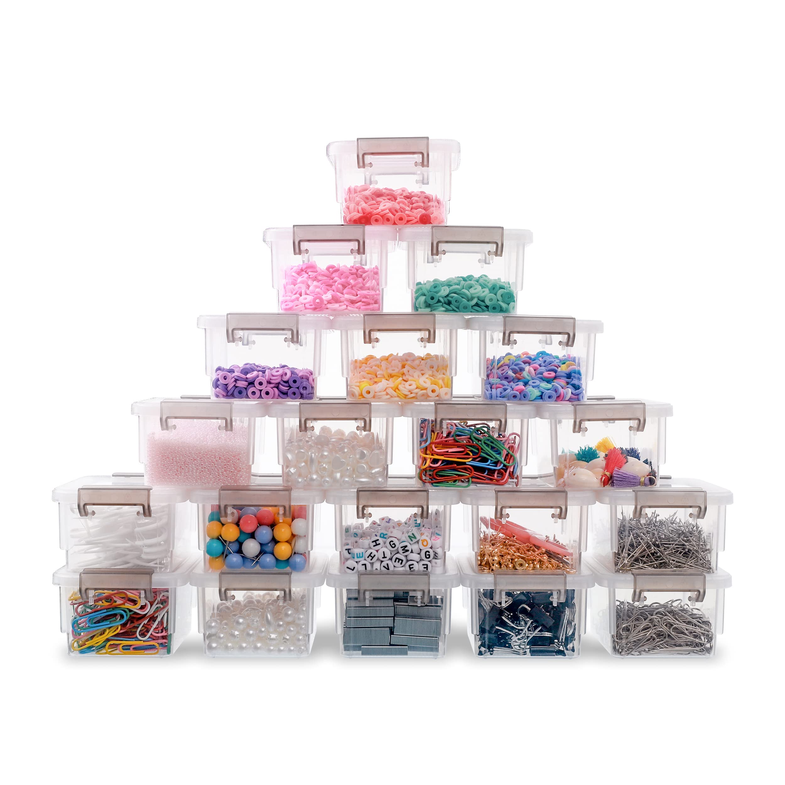 20-Pack 0.18 QT Clear Plastic Bead Organizer Boxes & 6-Pack 3.2 QT Stackable Storage Bins with Lids - Small Clear Storage Containers for Craft Beads, Jewelry Making, Office Supplies & Home Organization