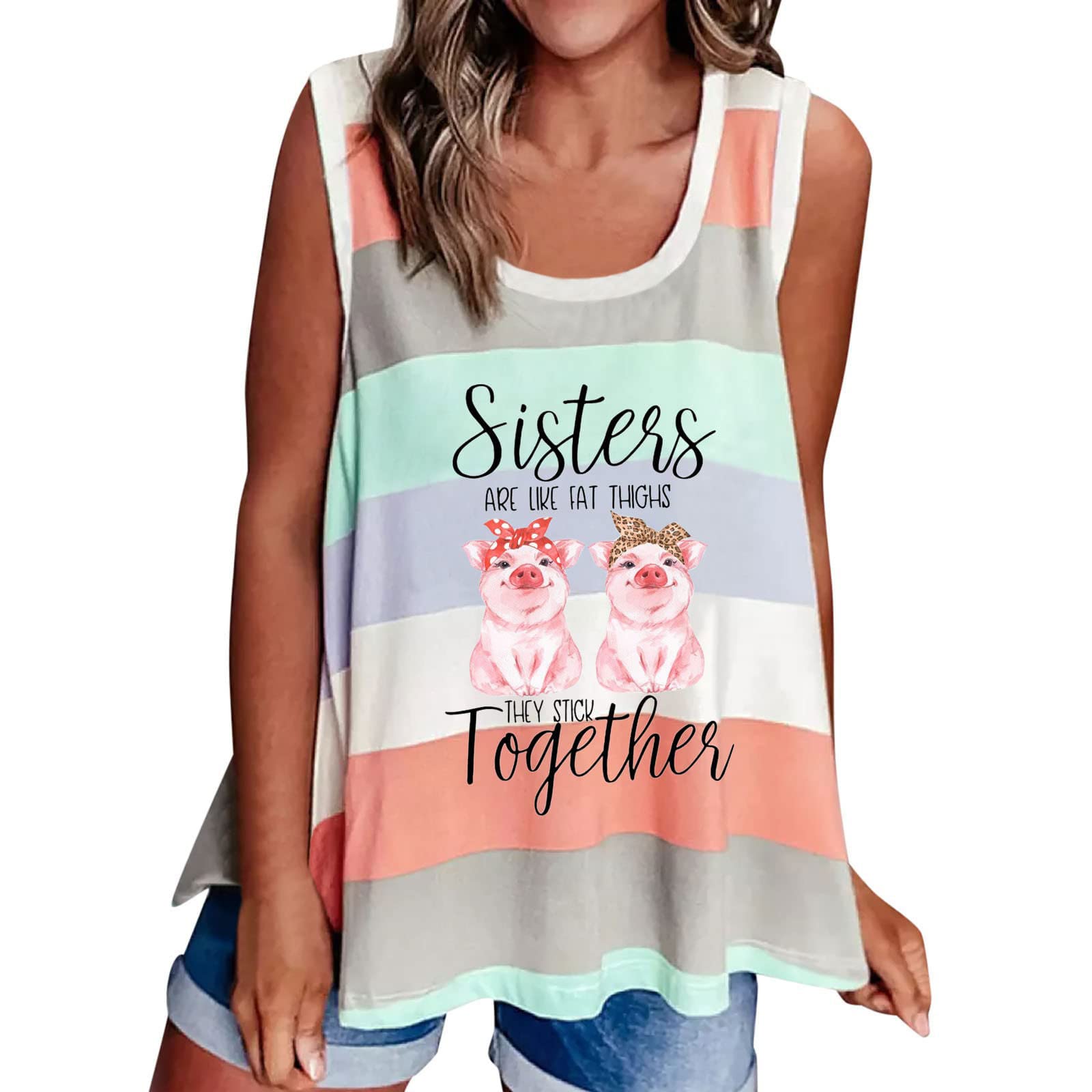 Women's Striped Letter Print Tank Top - Summer Sleeveless Tee for Casual Wear