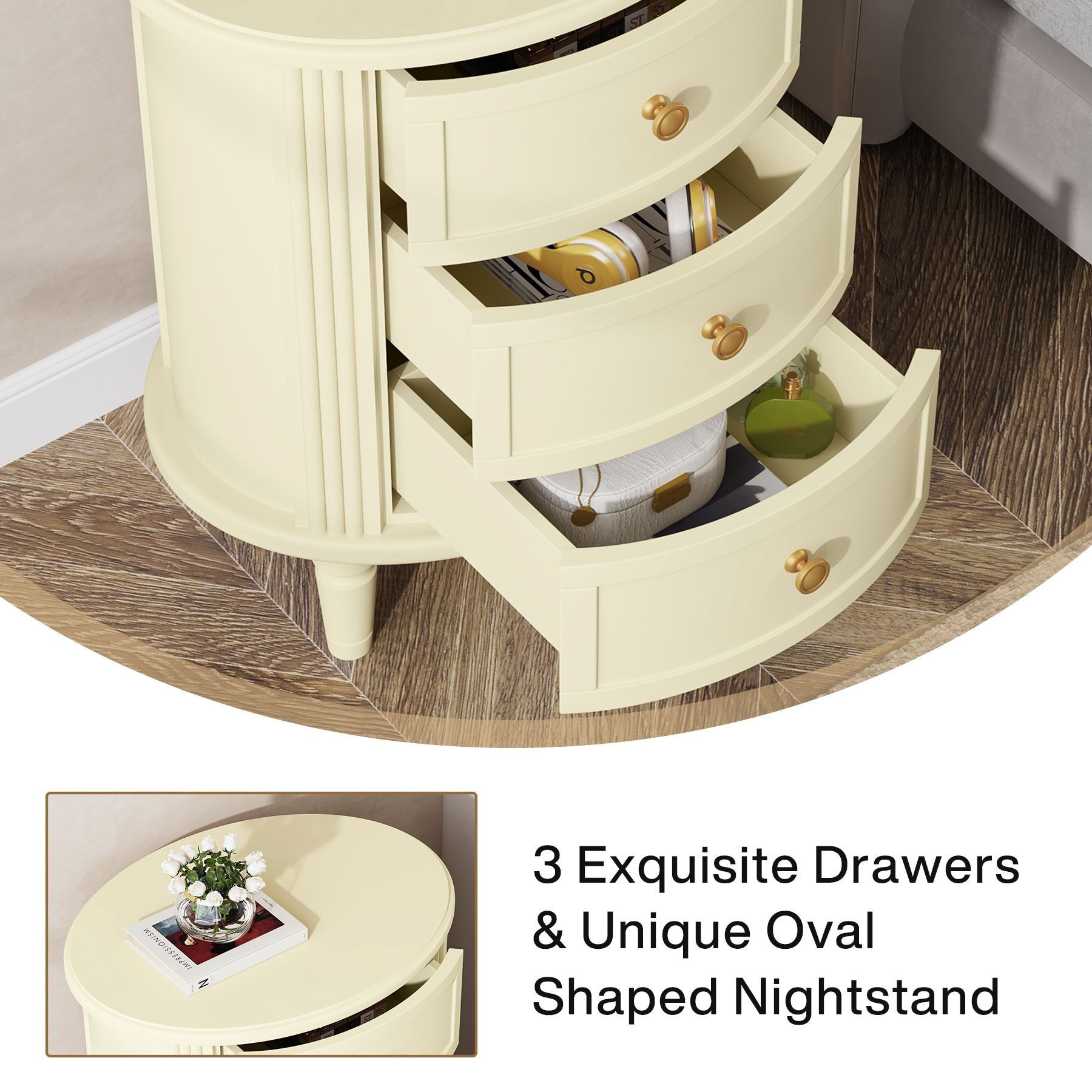Solid Wood Nightstand with 3 Drawers - Sturdy Bedside Table with Wooden Legs for Bedroom, Living Room or Office Storage