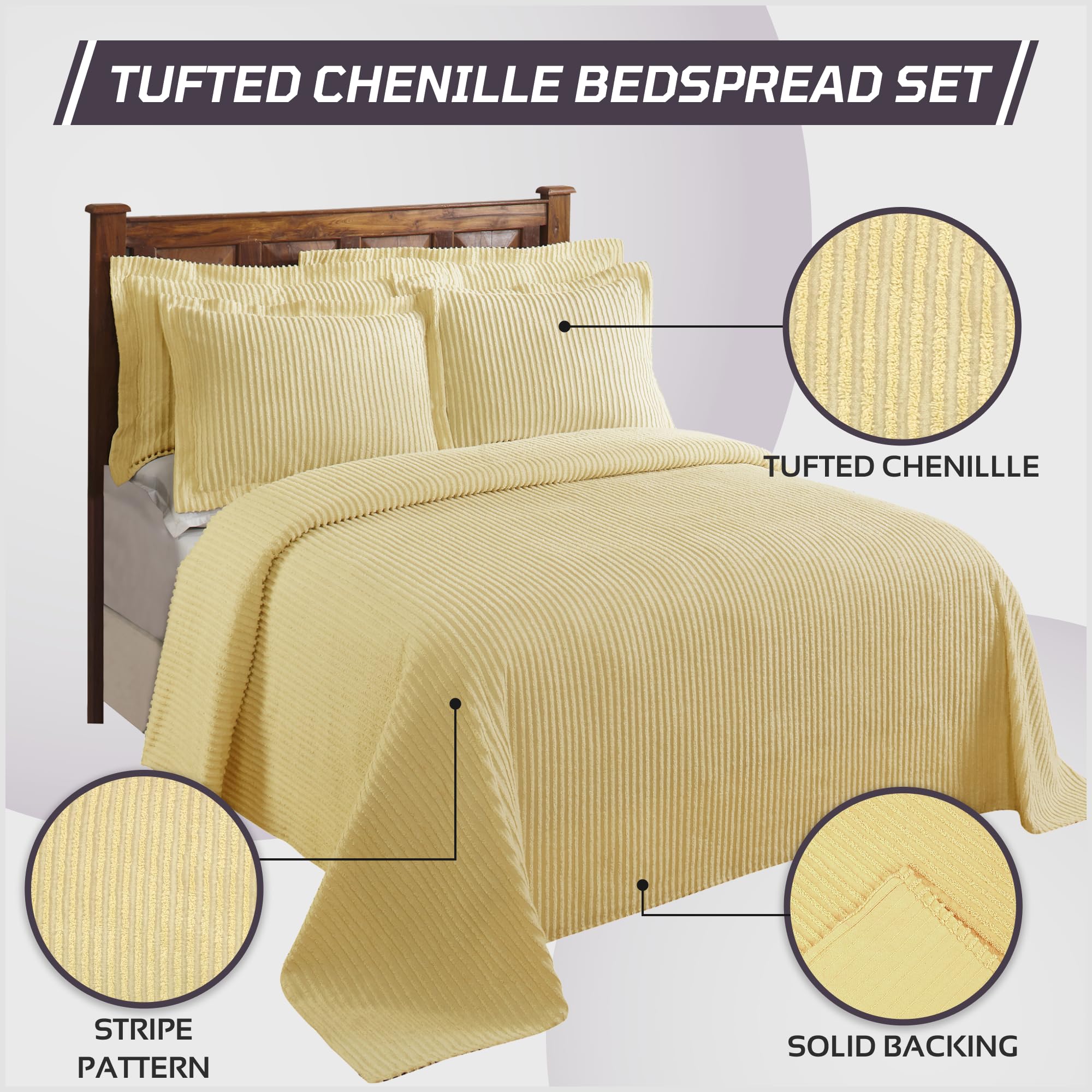 Better Trends Yellow King Bedspread Set - 100% Cotton Tufted Classic Stripe Coverlet | Soft & Cozy All-Season Bedding | Machine Washable 3-Piece Set - Jullian Collection | Perfect for Master Bedroom, Guest Room & Dorm Decor