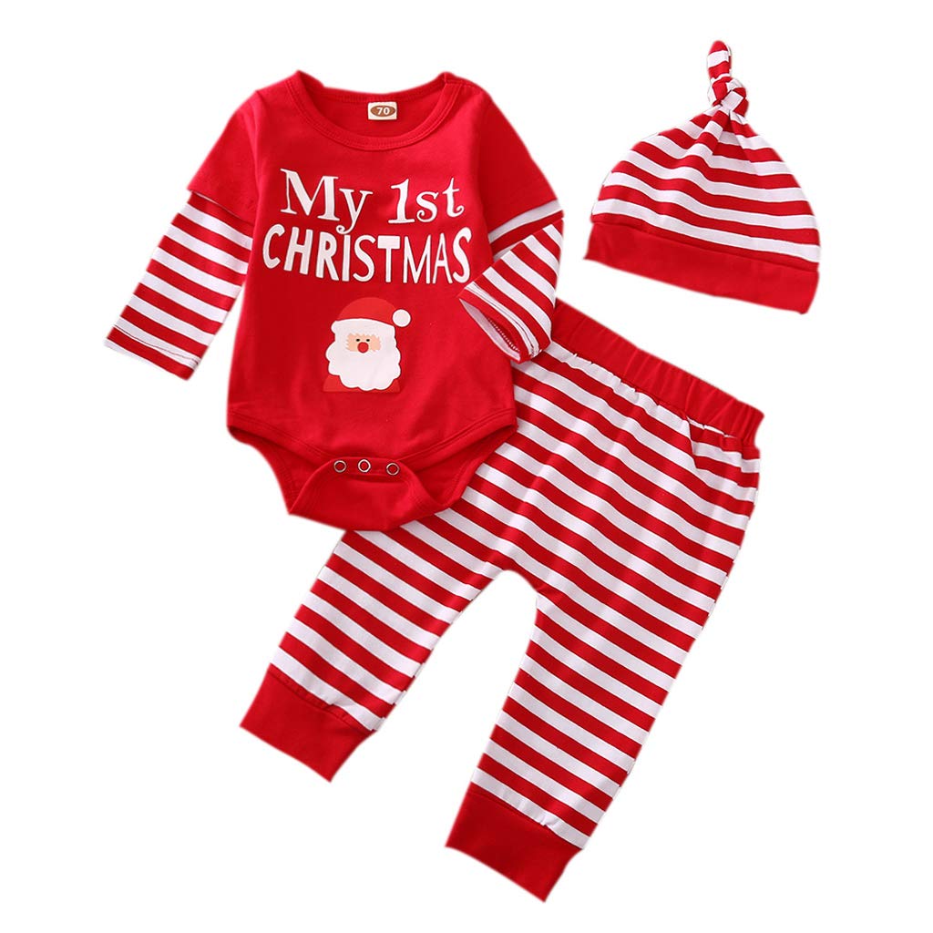 My 1st Christmas Outfit Set - 3Pcs Newborn Baby Romper Jumpsuit, Bodysuit, Pants & Hat for Boys & Girls | Unisex Holiday Xmas Photo Outfits & Newborn Gifts