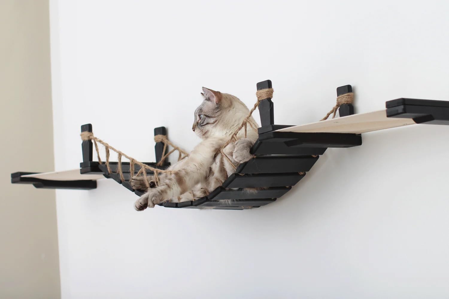 Wall-Mounted Cat Bridge with Fabric Lounger - Space-Saving Cat Tree for Indoor Play & Relaxation | Perfect for Small Apartments & Kitty Nap Zones