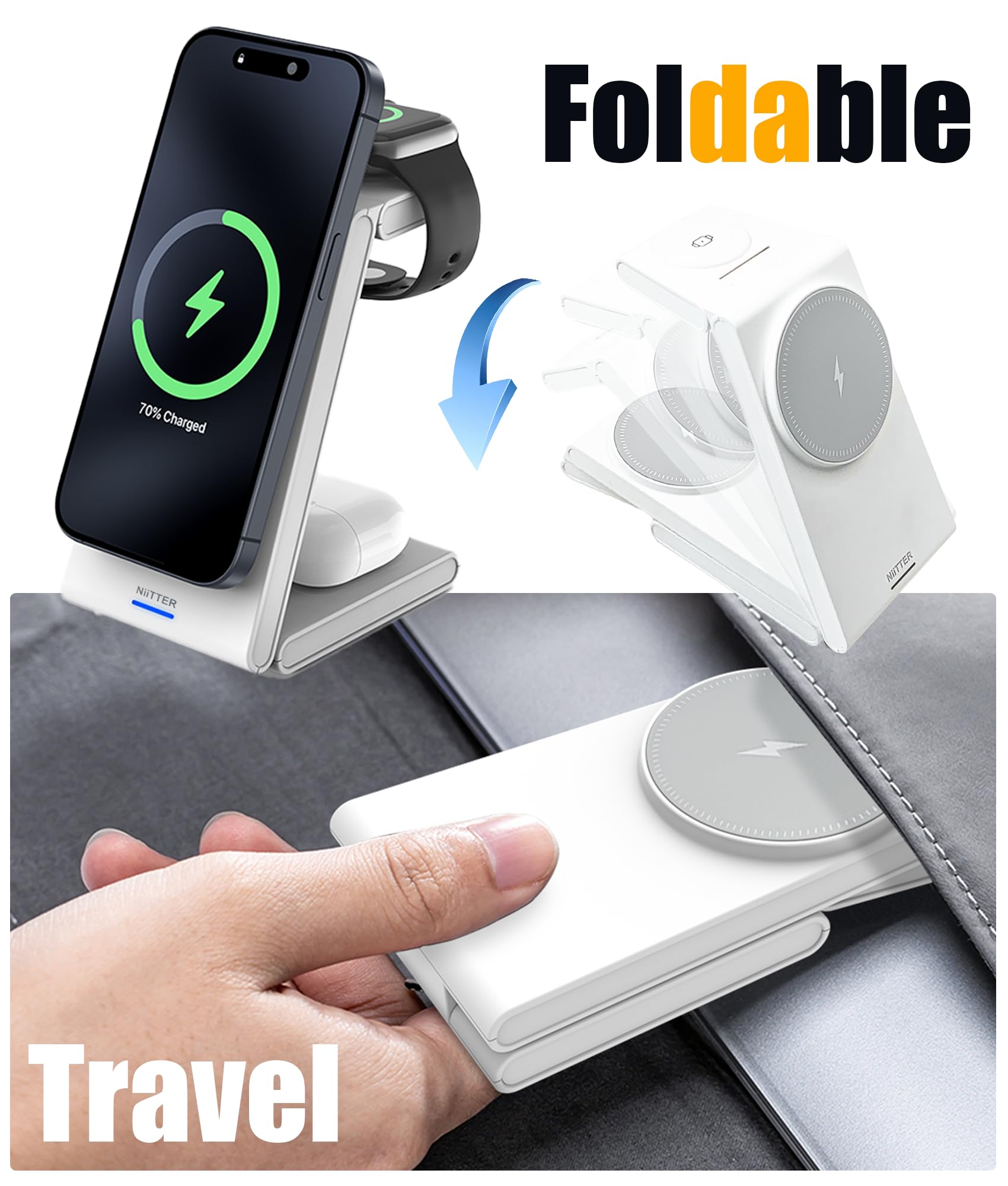 3-in-1 Magnetic Wireless Charging Station for iPhone 16/15/14/13/12, Apple Watch & AirPods - Foldable Fast Travel Charger with 20W PD Adapter - Perfect for Home, Office & Travel Use