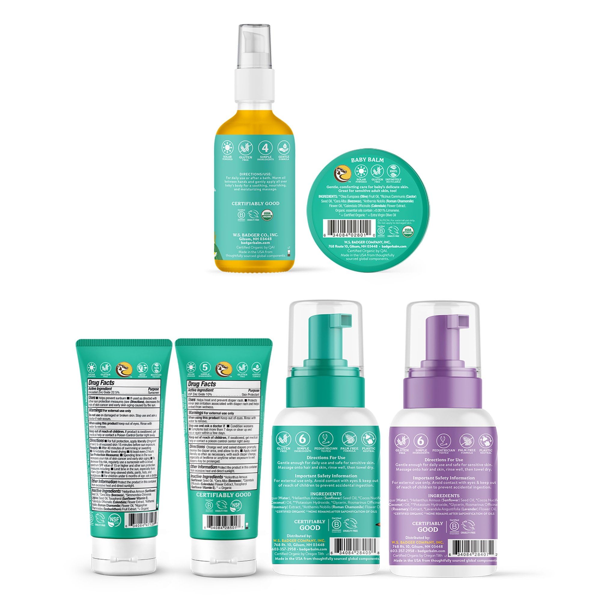 Badger Baby Bundle - SPF 40 Mineral Sunscreen for Babies, Chamomile & Lavender Baby Wash, Organic Diaper Rash Cream, Baby Oil & Balm - Pediatrician Tested Sunblock & Moisturizer for Newborns & Infants - Perfect for Daily Skincare, Sun Protection & Diaper Change Care