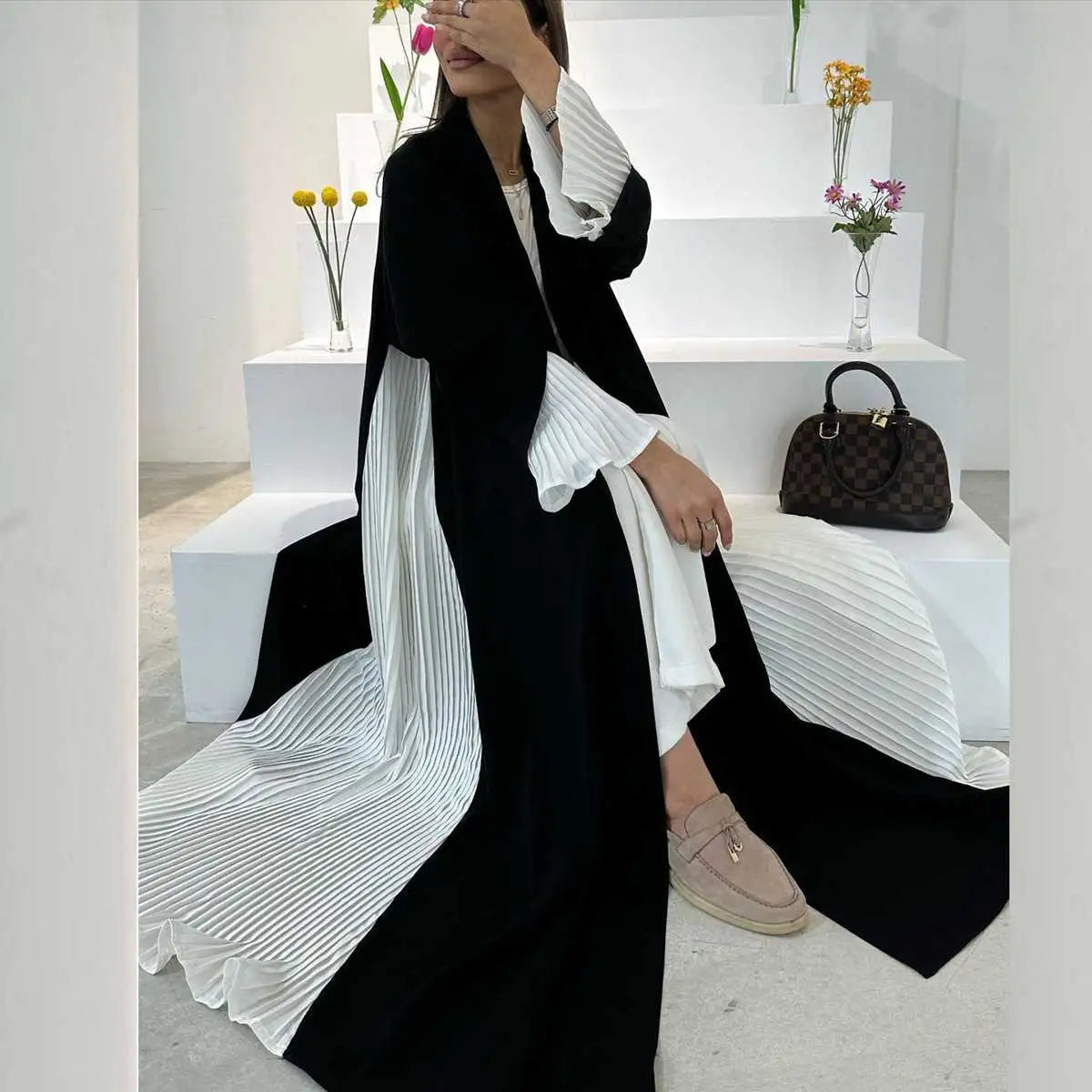 Elegant Pleated Muslim Women's Cardigan Open Abaya Dress - Modest Islamic Fashion for Prayer, Home & Special Occasions
