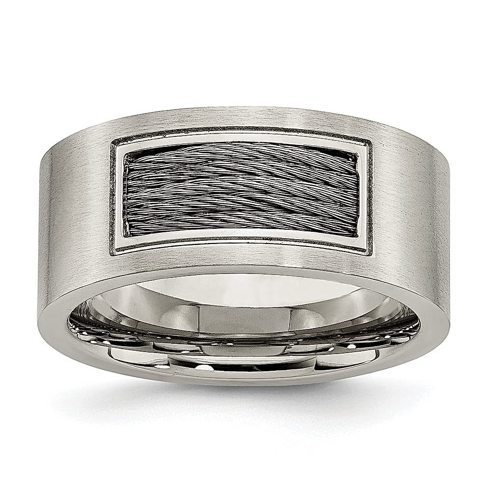 ICE CARATS 10mm Stainless Steel Brushed Grey Cable Inlay Wedding Band Ring for Men - Durable Fashion Jewelry Gift for Husband, Dad, Boyfriend - Perfect for Anniversaries, Engagements & Special Occasions