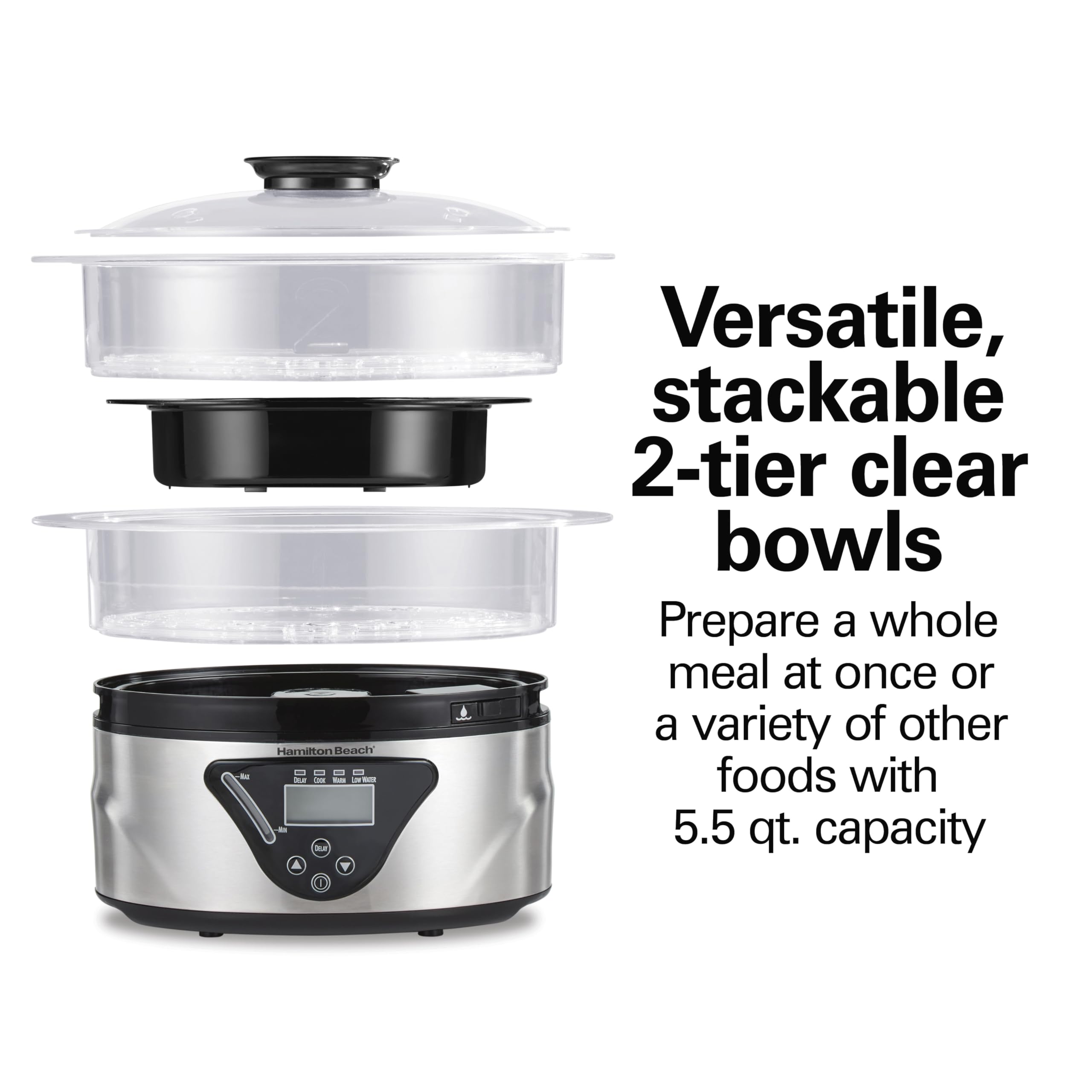 Hamilton Beach 5.5 Quart Digital Electric Food Steamer & Rice Cooker - Healthy Cooking for Vegetables, Seafood & Rice - Stackable Two-Tier Stainless Steel Bowls - Perfect for Meal Prep, Family Dinners & Healthy Eating (Black & Stainless Steel)