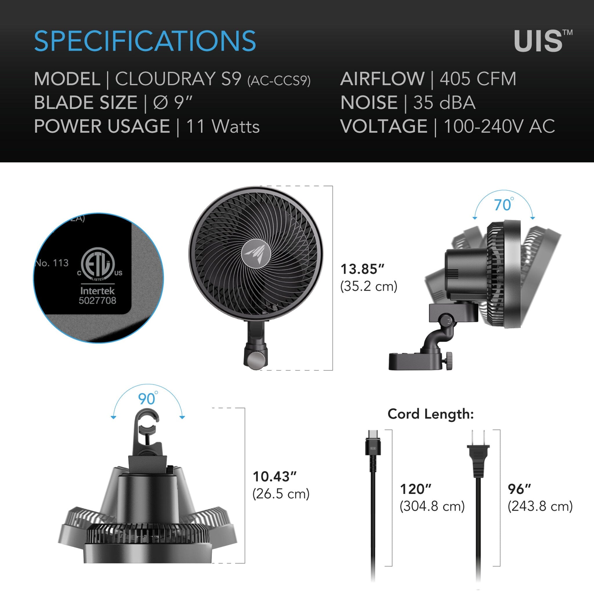 AC Infinity CLOUDRAY S9 Grow Tent Clip Fan - 9 Inch with 10 Speed Settings, EC Motor & Auto Oscillation - Perfect for Hydroponics, Indoor Gardening, and Greenhouse Ventilation