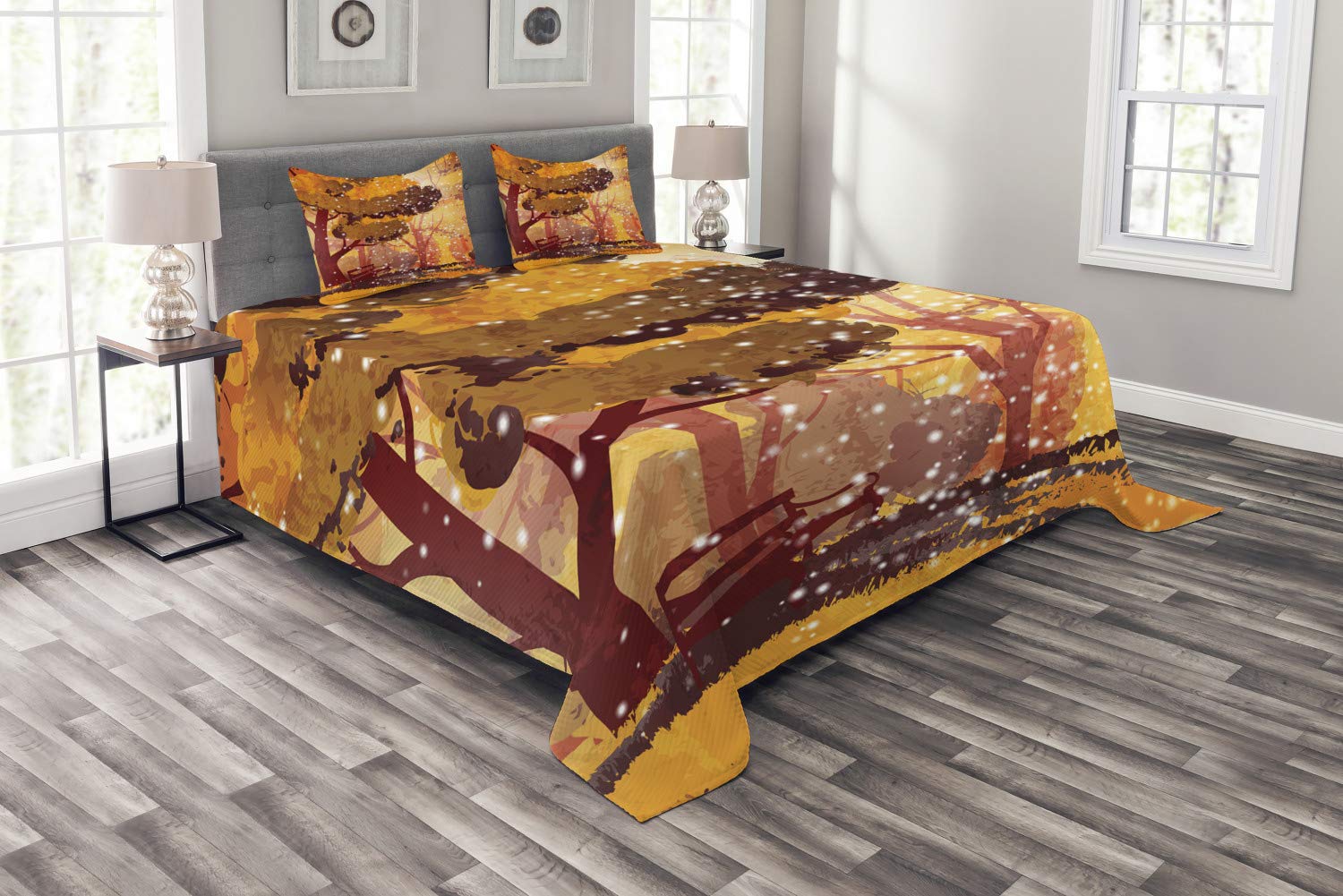 Ambesonne Winter Snowfall Abstract Trees and Bench Bedspread Set - King Size 3 Piece Quilted Coverlet with 2 Pillow Shams, Multicolor Nature Themed Bedding for Cozy Winter Bedroom Decor