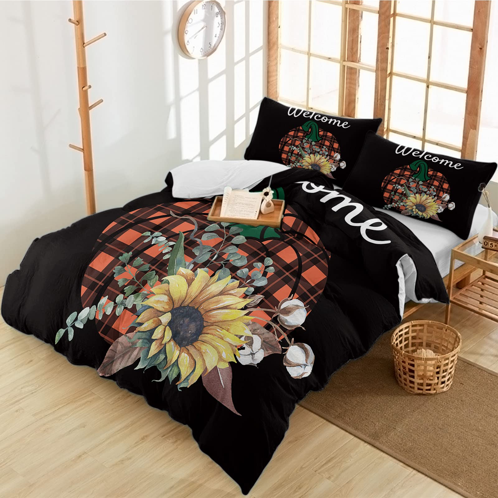Zfuncing 3-Piece Duvet Cover Set - Cal King Size, Fall Sunflower Pumpkin Design, Luxury Soft Microfiber Quilt Cover with Pillowcases, Orange Buffalo Plaid on Black - Perfect for Autumn Bedroom Decor & Cozy Seasonal Home Styling
