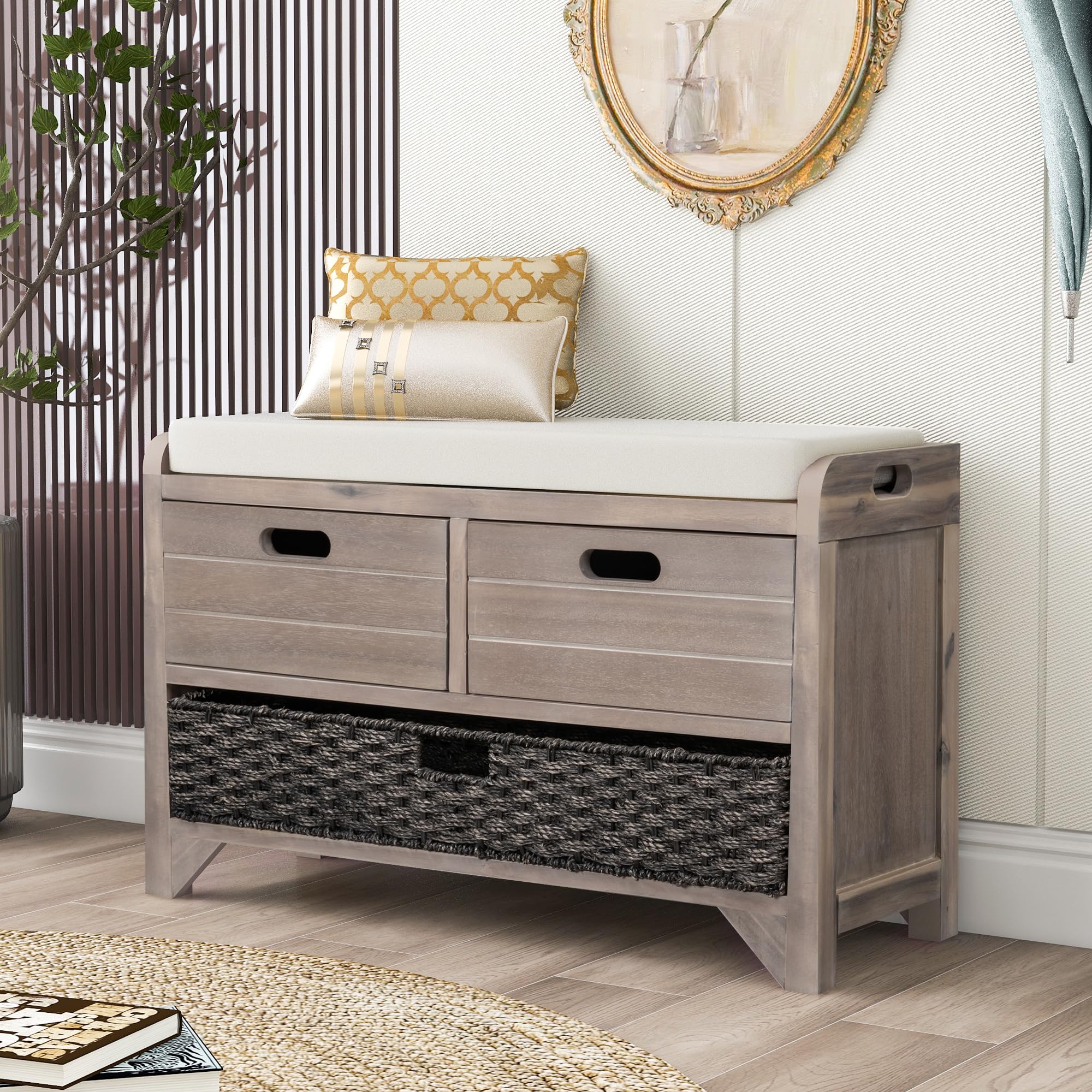 Softsea Upholstered Storage Bench with Removable Basket & 2 Drawers - Farmhouse Entryway Shoe Bench with Seat Cushion, White Wash - Perfect for Entryway, Living Room, Bedroom Storage & Seating (Fully Assembled)