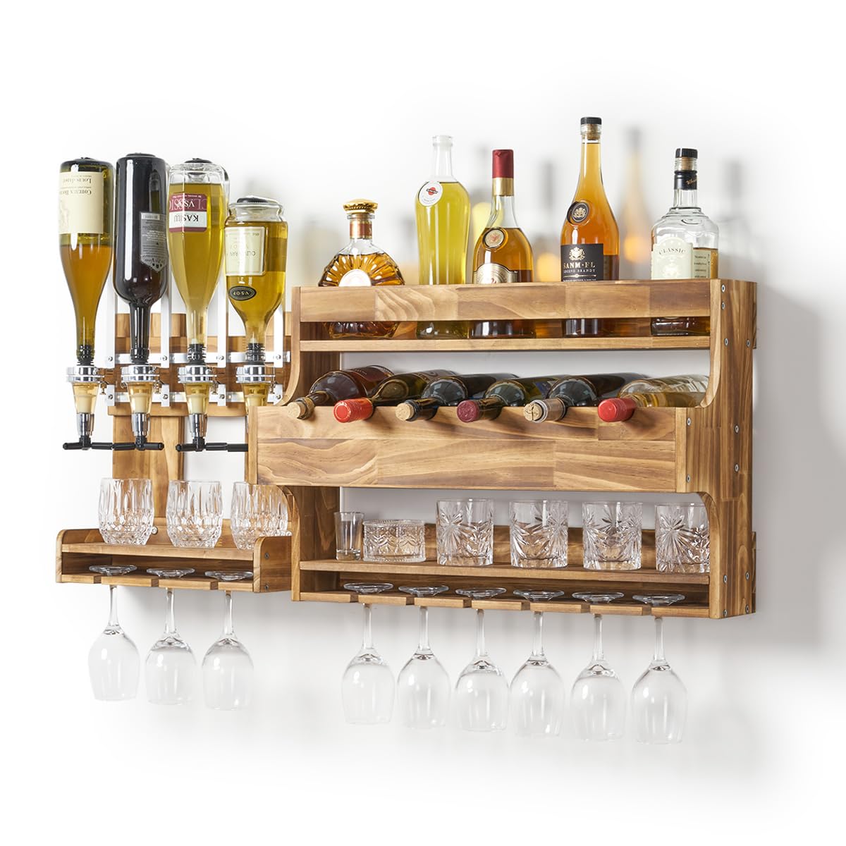 Rustic Wood Wall Mounted Wine Rack with Glass Holder - 4 Bottle Whiskey Liquor Dispenser & Display Shelf for Home Bar, Kitchen, Dining Room | Perfect for Wine, Liquor, and Spirits Storage & Organization