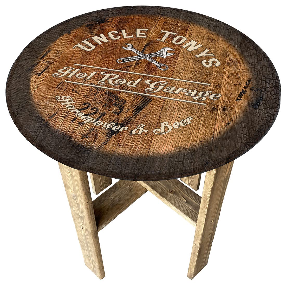 Vintage Rustic Whiskey Barrel End Table - Handcrafted Farmhouse Decor for Man Cave, Garage & Home Bar - Perfect Gift for Men, Beer & Hot Rod Enthusiasts - Ideal for Living Room, Patio or Outdoor Entertaining