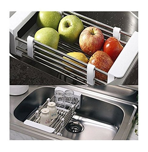 Vivian Stainless Steel Expandable Sink Drainer Basket - Multi-Functional Kitchen Organizer for Fruits, Vegetables & Dish Drying - Space Saving Storage Rack (White) - Perfect for Small Kitchens, RVs & Apartments