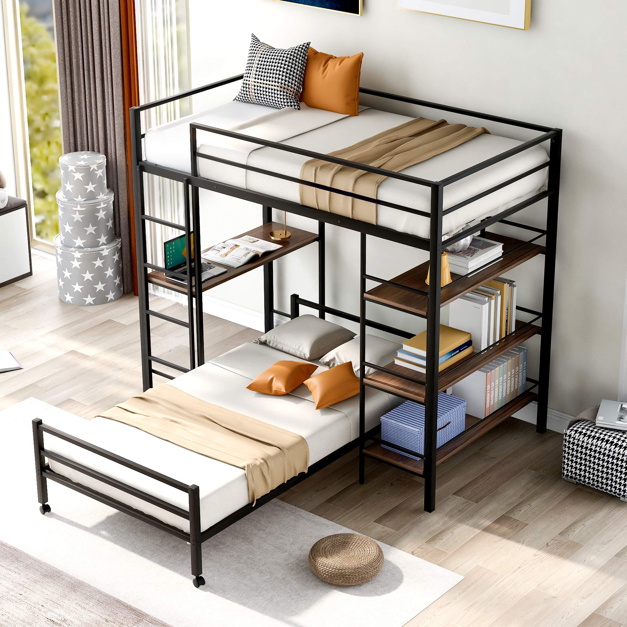 Steel Frame Twin Over Twin Bunk Bed with Shelves - Space-Saving Metal Loft Bed with Built-in Desk & 3-Tier Storage Shelf | Perfect for Kids' Rooms, Dormitories & Small Apartments