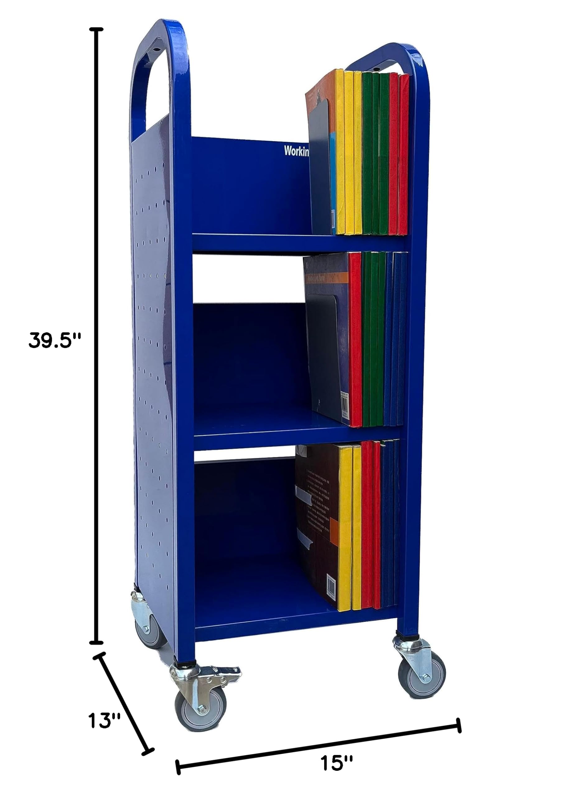 Heavy Duty Workington Single Bank Rolling Book Truck with 3 Flat Shelves - Mobile Library Book Cart with Swivel Locking Casters 3000 Blue - Perfect for Libraries, Schools, and Office Document Organization