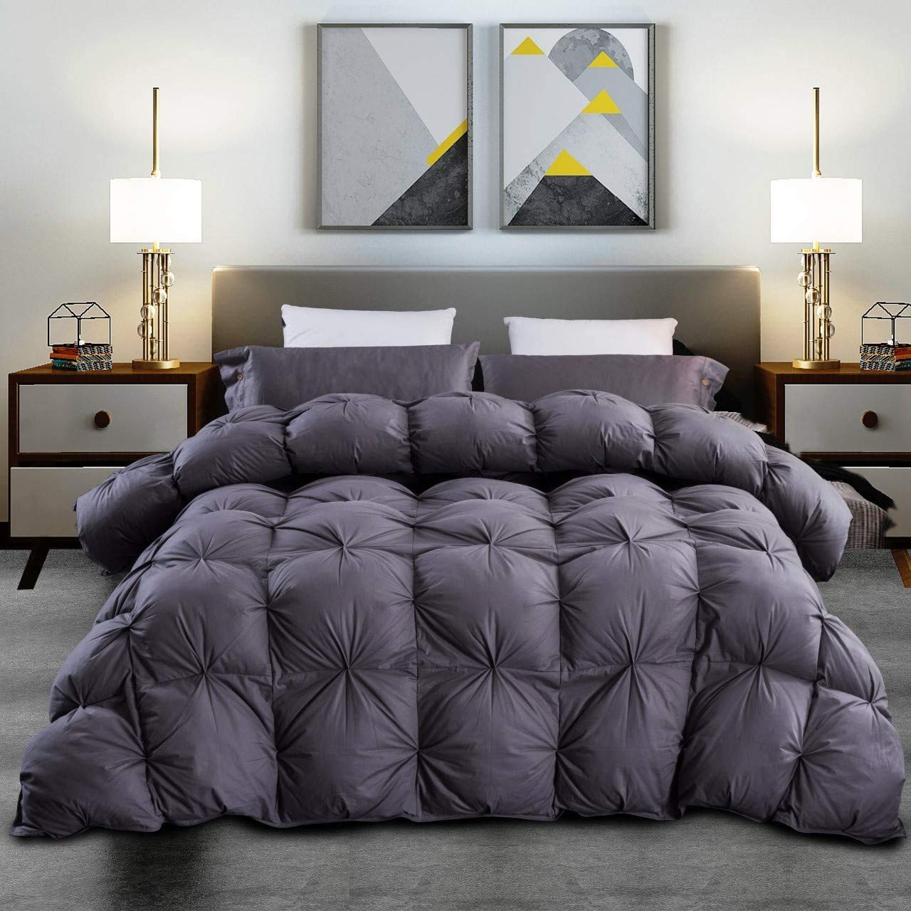 Luxurious 750+ Fill Power Goose Down Comforter Queen Size - Baffle Box Construction & Premium Pinch Pleat Design - 1200 Thread Count 100% Egyptian Cotton Duvet Insert - 55 oz Fill Weight (Queen, Gray) - Perfect for Cold Weather & Cozy Bedroom Decor