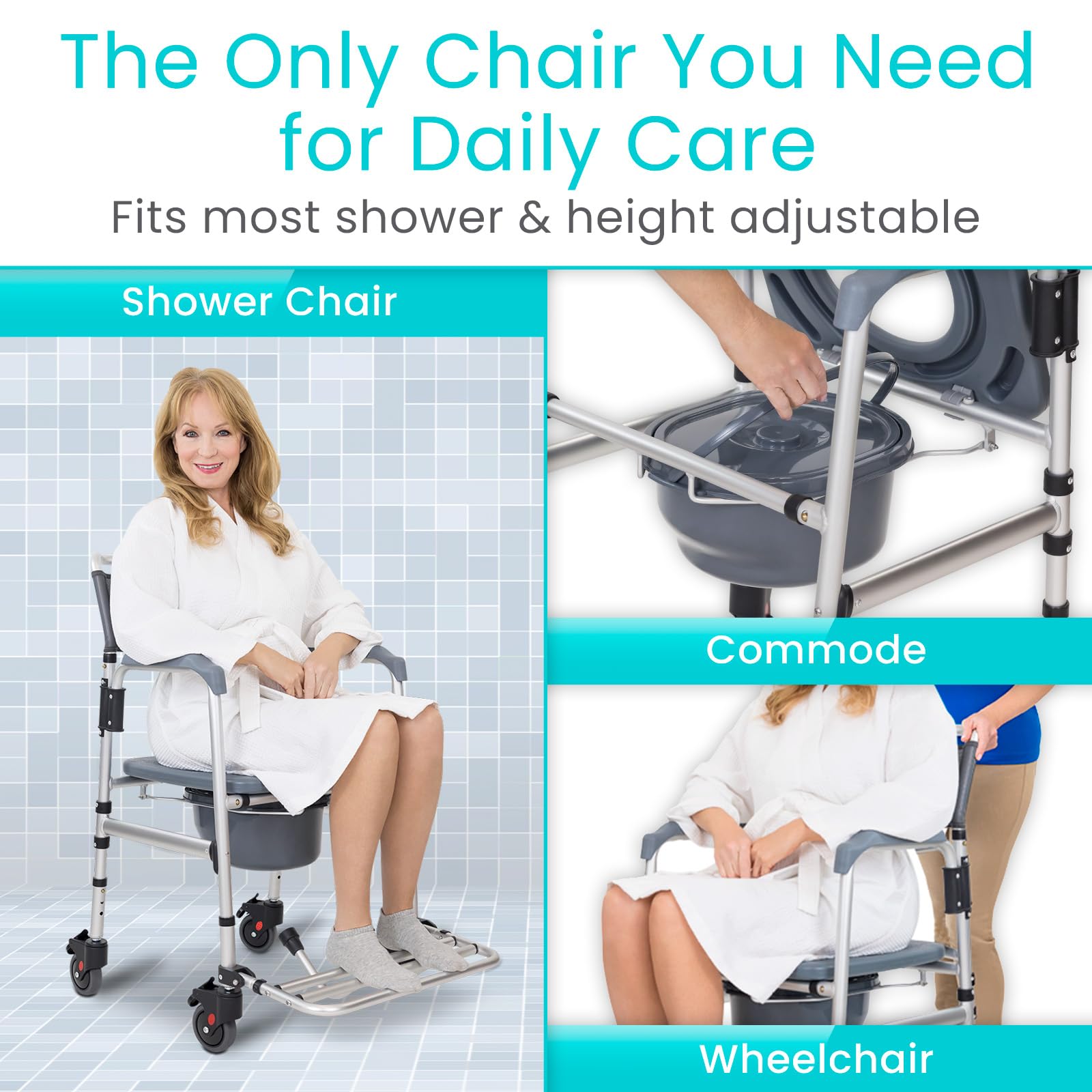 Vive Commode Shower Chair with Wheels - Adjustable Height Rolling Toilet Seat for Elderly, Disabled & Seniors - Bathroom Safety Transfer Chair with Arms, Non-Slip Footrest & Removable Bucket - Ideal for Home Care, Assisted Living & Mobility Assistance