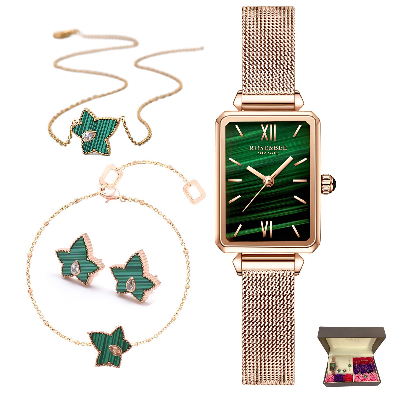 Rose & Bee Retro Malachite Women's Watch Set - Elegant Rose Gold Watch with Gift Box - Perfect for Birthday, Valentine's Day & Anniversary Gifts for Women & Girls - Ideal for Everyday Wear, Date Nights & Special Occasions