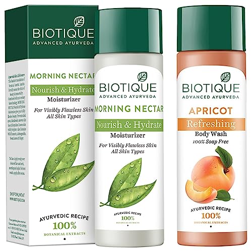 Biotique Bio Apricot Refreshing Body Wash & Morning Nectar Flawless Skin Lotion Set - 190ml Each, for All Skin Types - Hydrating & Nourishing Daily Skincare Routine for Soft, Glowing Skin