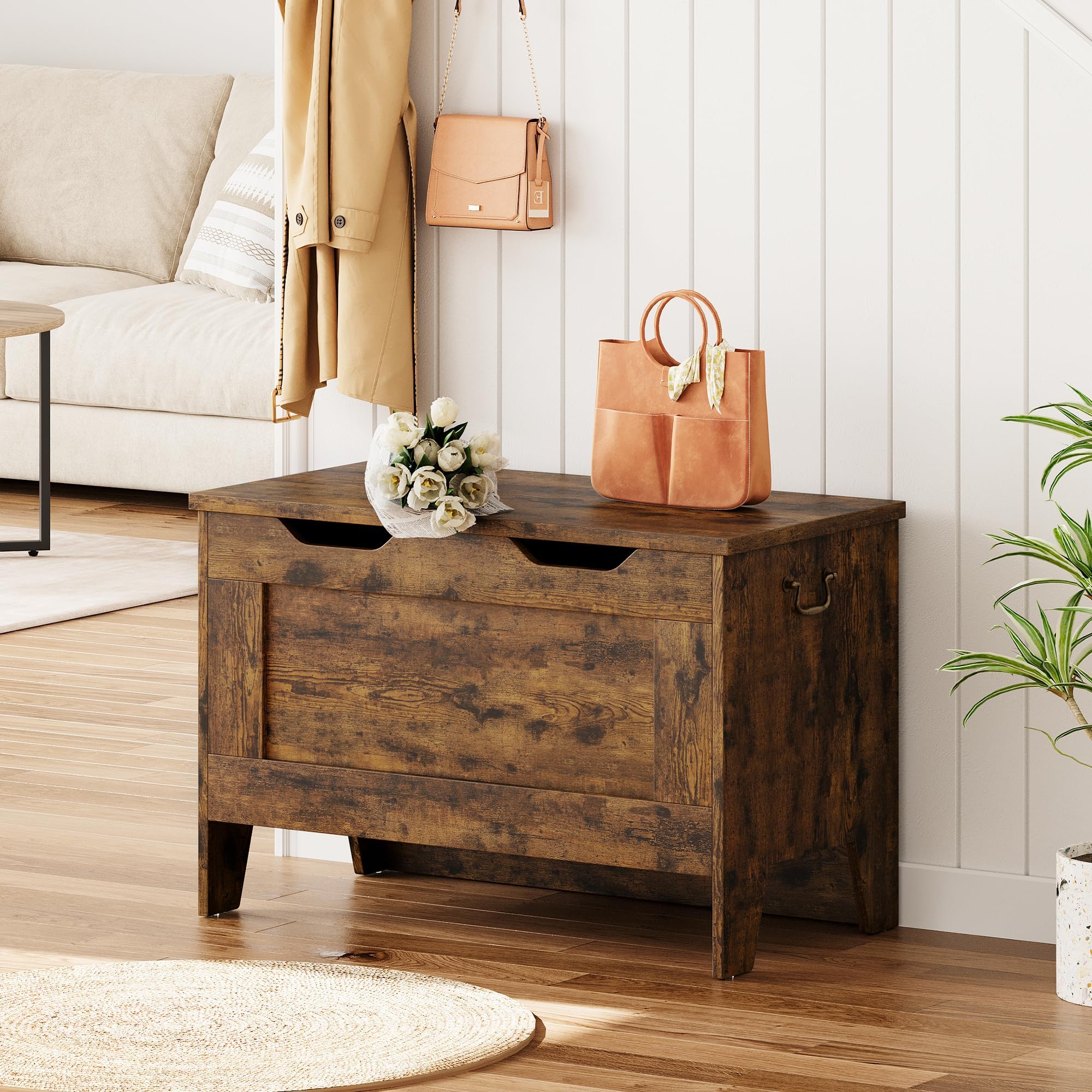 GARVEE 30 Inch Wooden Storage Bench with Safety Hinge - Flip Top Entryway Bench with Ample Storage Space - Retro Design MDF Board Bench - 350 lbs Weight Capacity - Perfect for Living Room, Bedroom & Hallway Organization