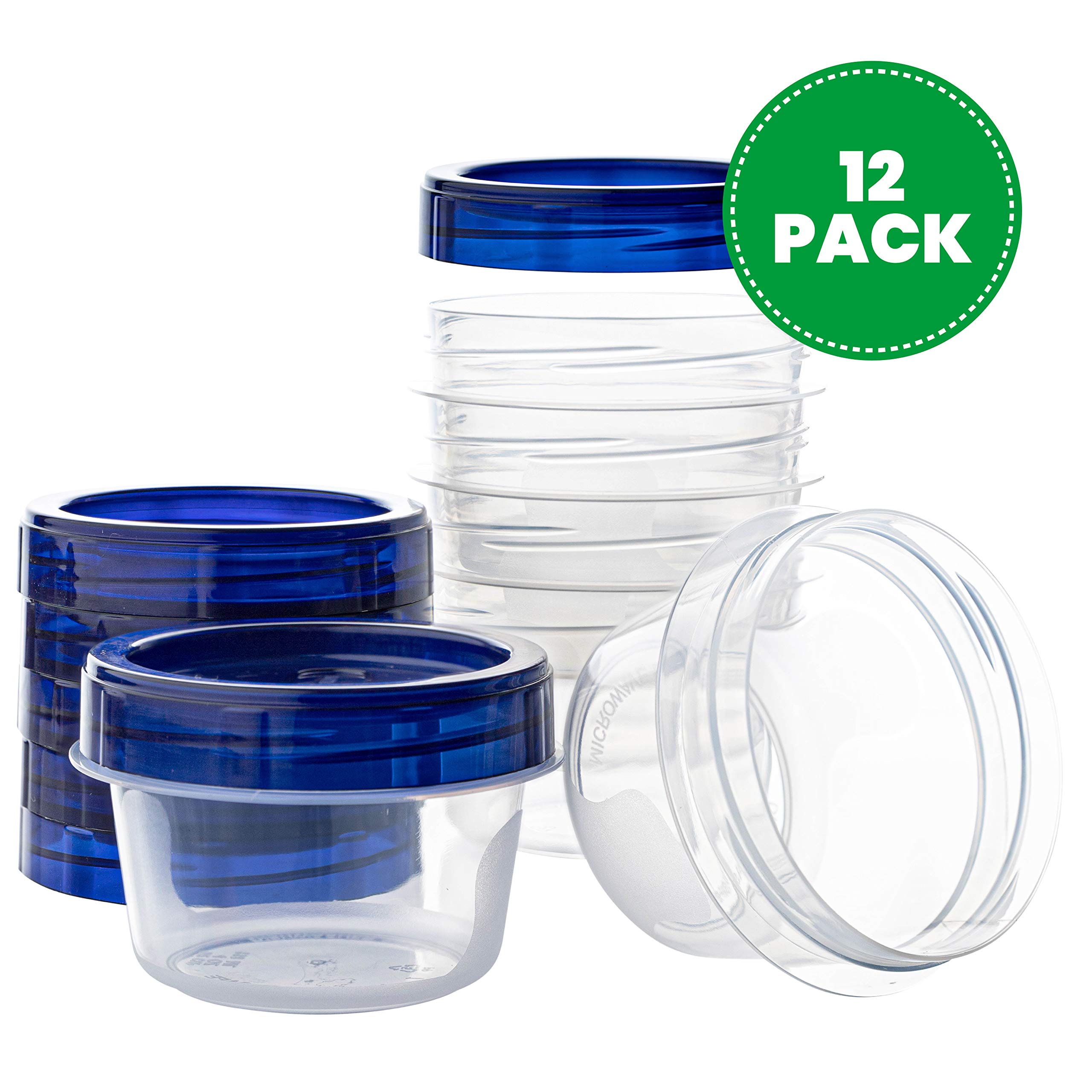 PLASTICPRO 4 oz Clear Deli Containers with Blue Twist-On Lids - 12 Pack Reusable Food Storage Containers for Meal Prep, Freezer Storage & Leftovers | Stackable, BPA-Free Plastic Containers