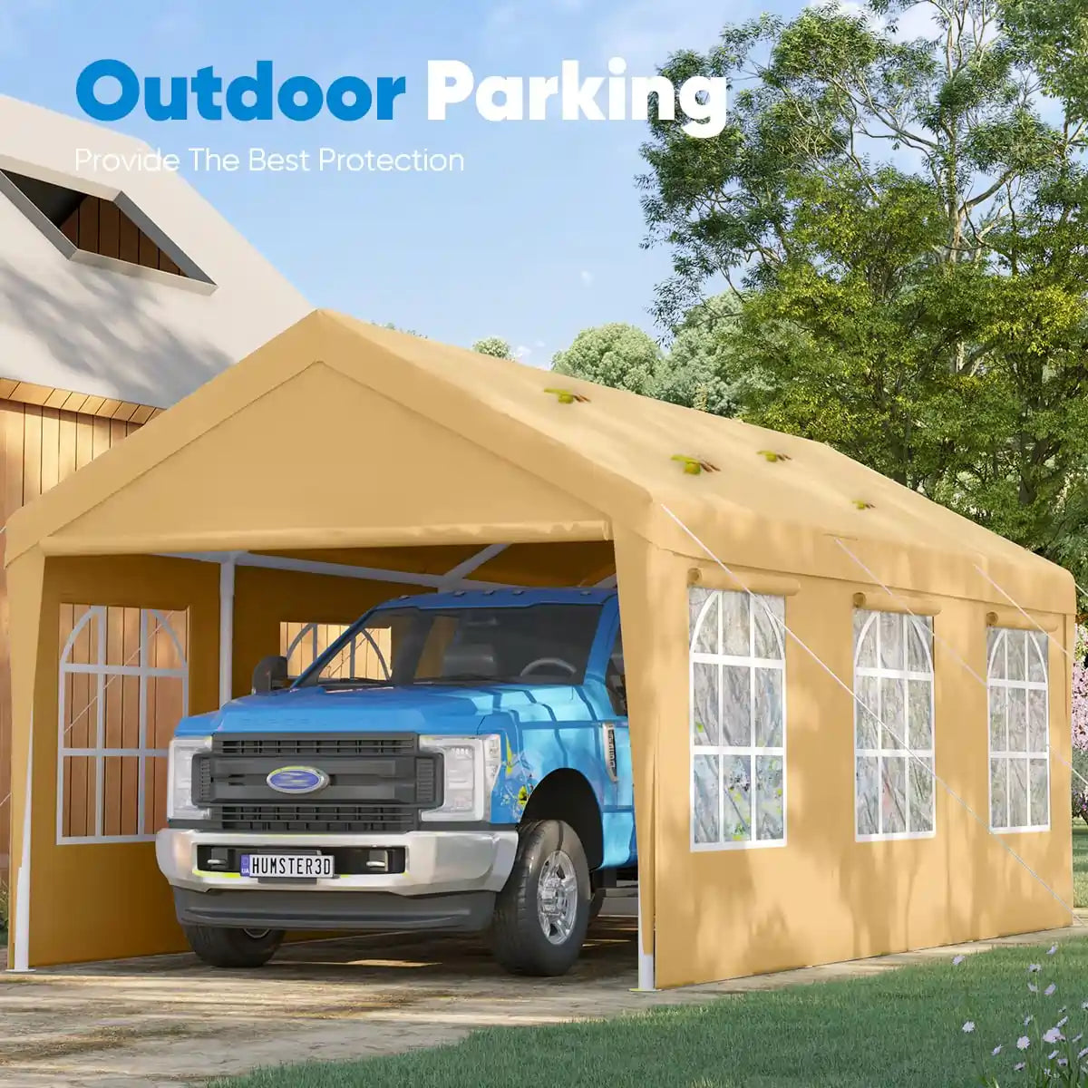 20' x 10' Heavy Duty Car Shelter with Clear Windows - Waterproof Outdoor Vehicle Cover for Cars, Trucks, SUVs - Perfect for Home Garage, Driveway & RV Storage Protection