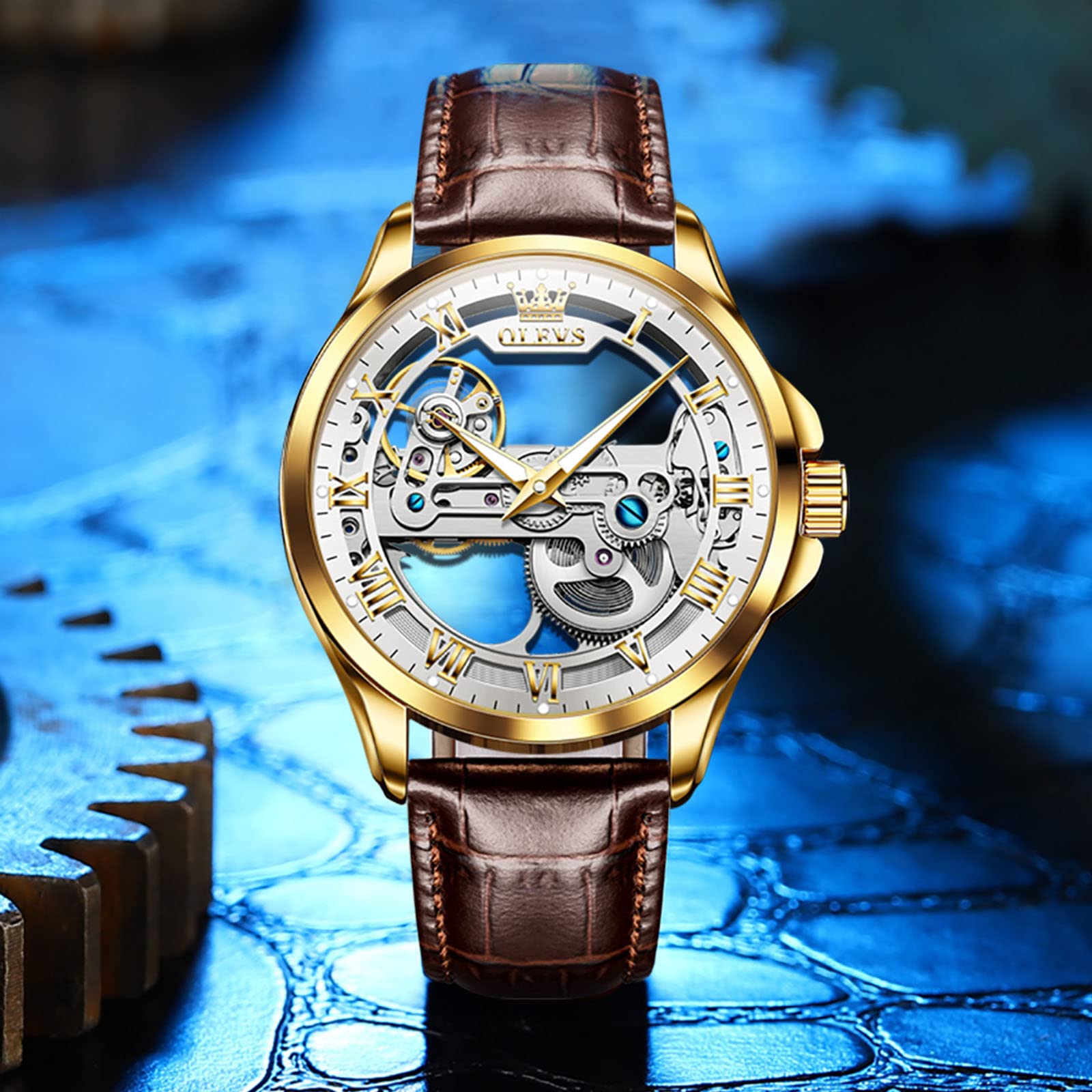OLEVS Men's Skeleton Automatic Watch - Self Winding Mechanical Dress Watch with Leather Band, Large Face, Waterproof - Perfect for Business, Casual & Formal Occasions
