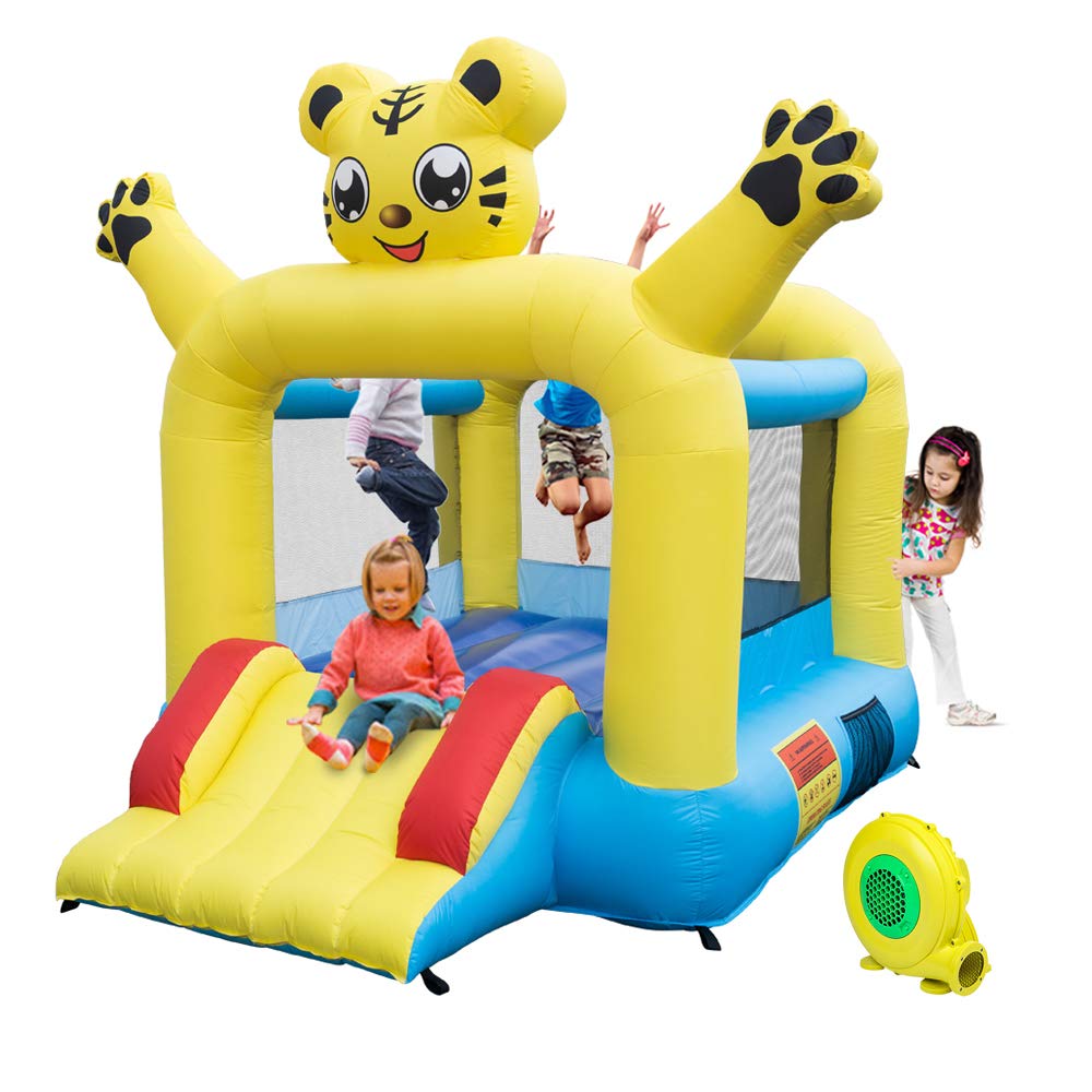**Inflatable Bounce House with Slide - Kids Castle Jumping Bouncer for Indoor & Outdoor Play - Durable Extra Thick Material for Summer Garden & Water Parties - Includes Inflator (Tiger Design) - Perfect for Birthday Parties, Backyard Fun & Family Gatherings**