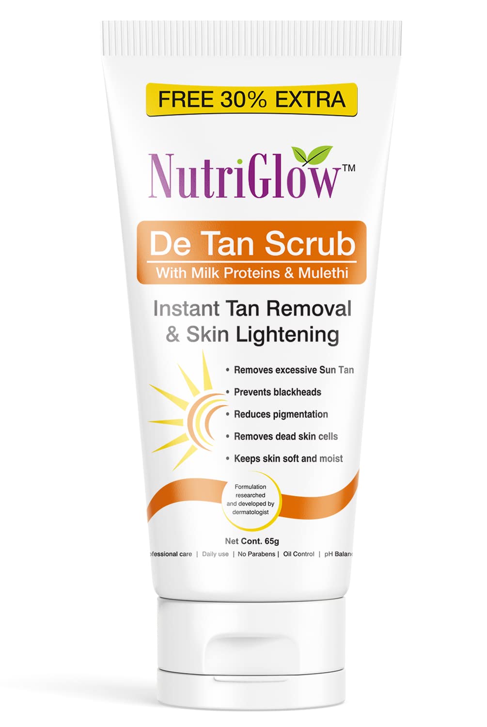 NutriGlow De Tan Scrub with Milk Protein & Licorice Root - Deep Exfoliation for Tan Removal, Blackheads & Oily Skin - 65g for All Skin Types - Perfect for Post-Sun Care & Daily Skincare Routine