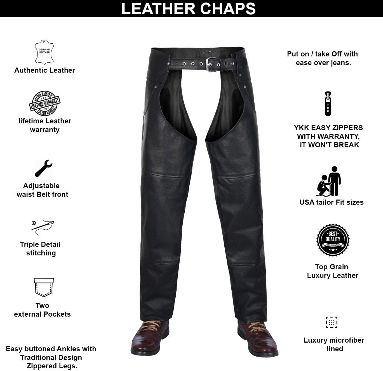 Vintage Leather Cowboy Chaps - Adjustable Motorcycle Pants for Men & Women - Riding Protection - Black
