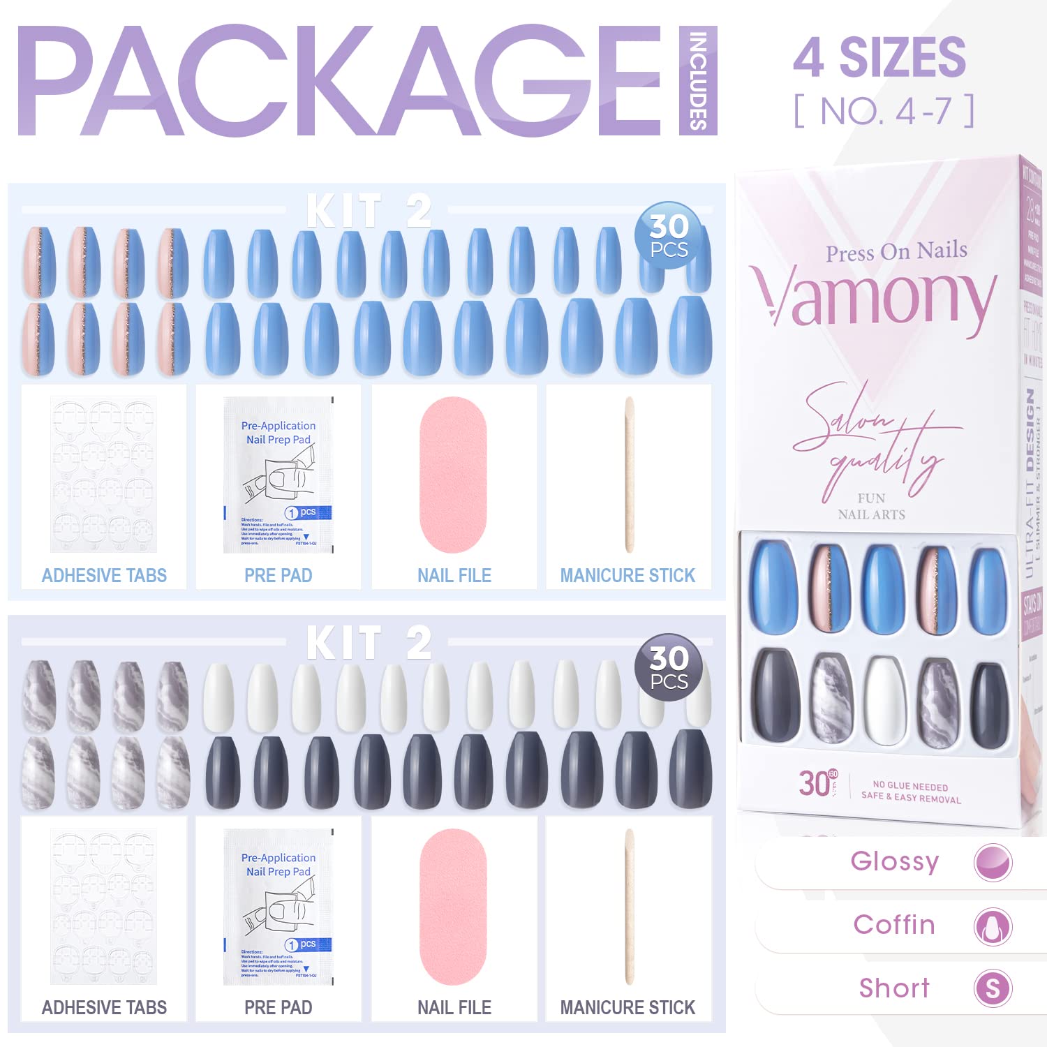 Short Coffin Press On Nails Kit - 60PCS Fake Nails with Solid Colors & Stylish Designs (2 Sets) - Acrylic Stick On Nail Tips for Women - Natural Look Manicure Set - Perfect for Parties, Weddings & Daily Wear