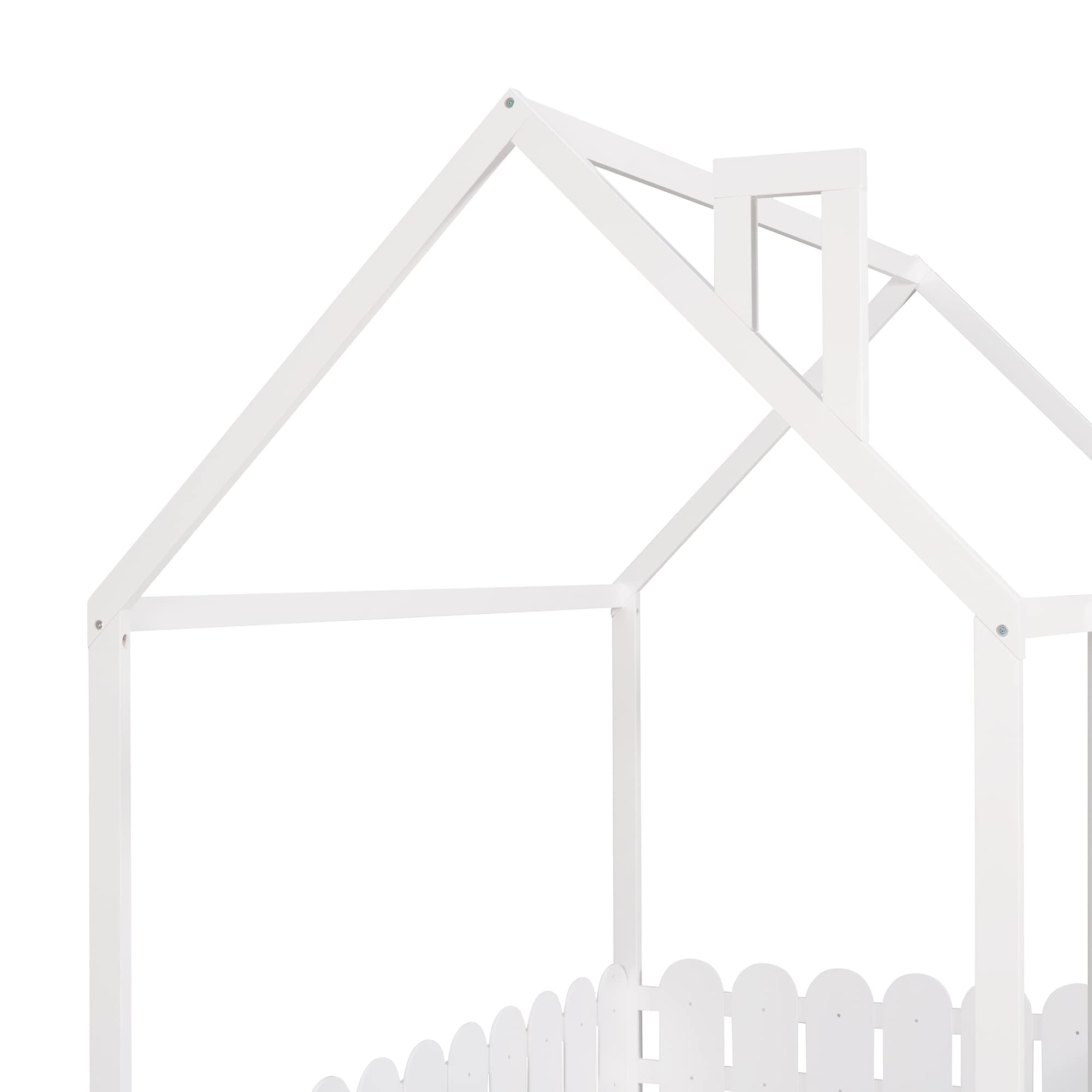 P PURLOVE Full Size House Bed Frame - Twin Montessori Floor Bed for Kids & Teens | Playhouse Bed with Fence & Roof | Safe & Fun Sleeping Space for Boys & Girls | Perfect for Bedrooms, Playrooms & Montessori Learning Environments (White)