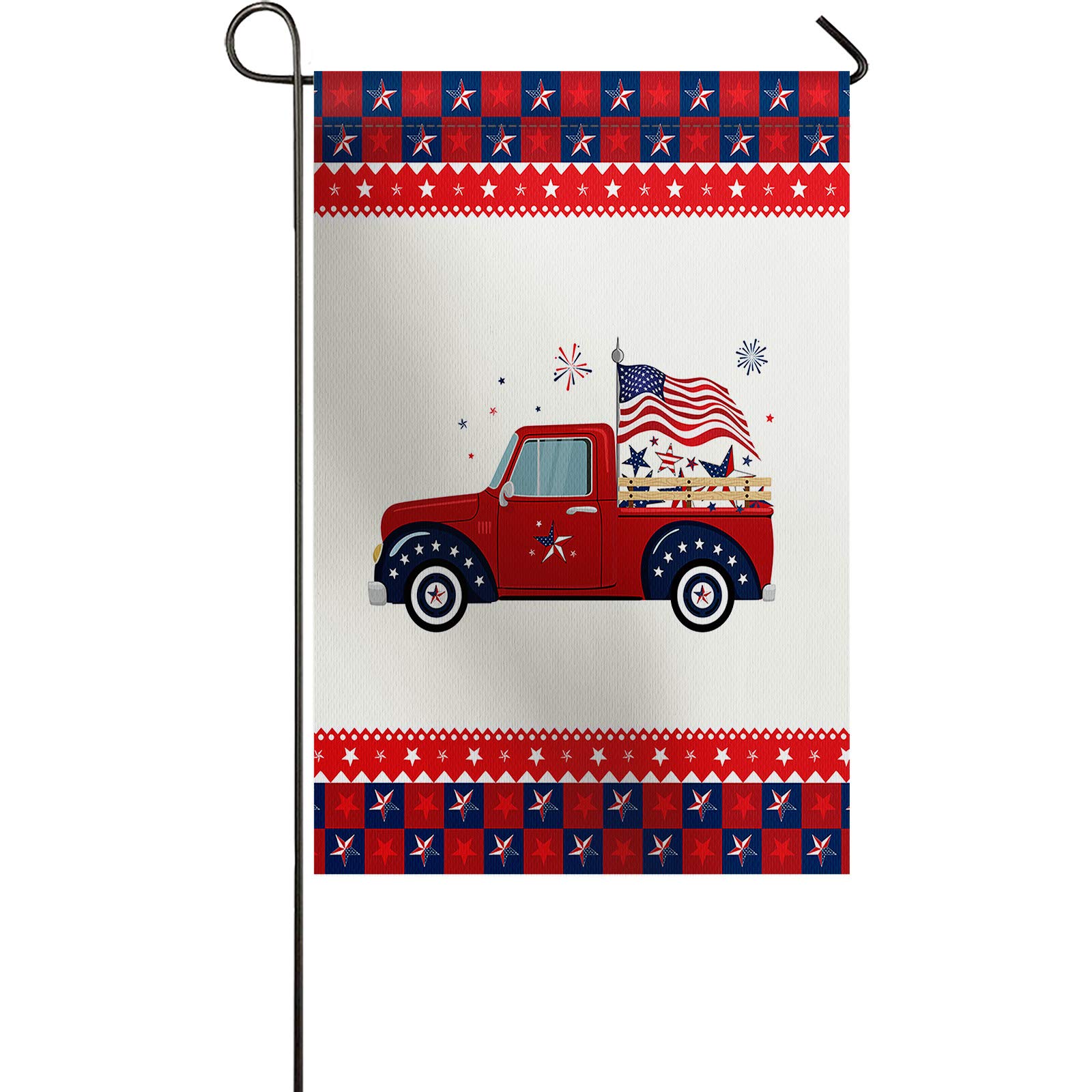 Premium 12 x 18 Inch Mini Garden Flag - Patriotic American Independence Day Decor with Truck & Pentagram Border Print | Weather Resistant, Double Stitched Burlap Yard Flag for Outdoor Decoration | Perfect for Front Yard, Porch, Garden & Patriotic Events