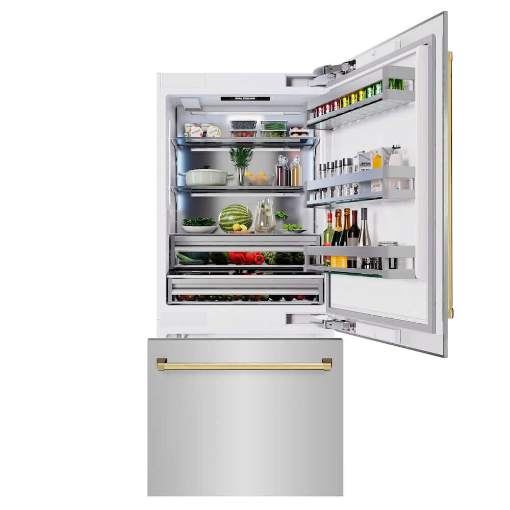 ZLINE Autograph Edition 36 Inch Built-In Bottom Freezer Refrigerator - 19.8 cu. ft. Capacity, Stainless Steel with Polished Gold Accents, Water Dispenser & Ice Maker - Perfect for Modern Kitchens & Luxury Homes (RBITZ 304 36G)
