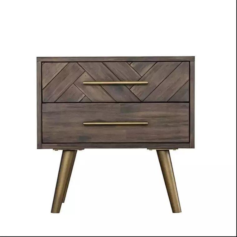 LEAH Solid Acacia Wood Herringbone Nightstand - Rustic Bedside Table for Bedroom, Living Room & Home Decor