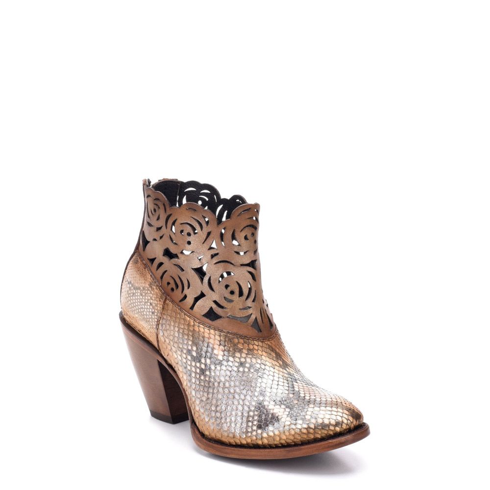 Women's Cuadra Metallic Gold Western Cowgirl Python Skin Ankle Boots - Stylish Cowboy Boots for Country Dancing, Rodeo & Fashion Outfits