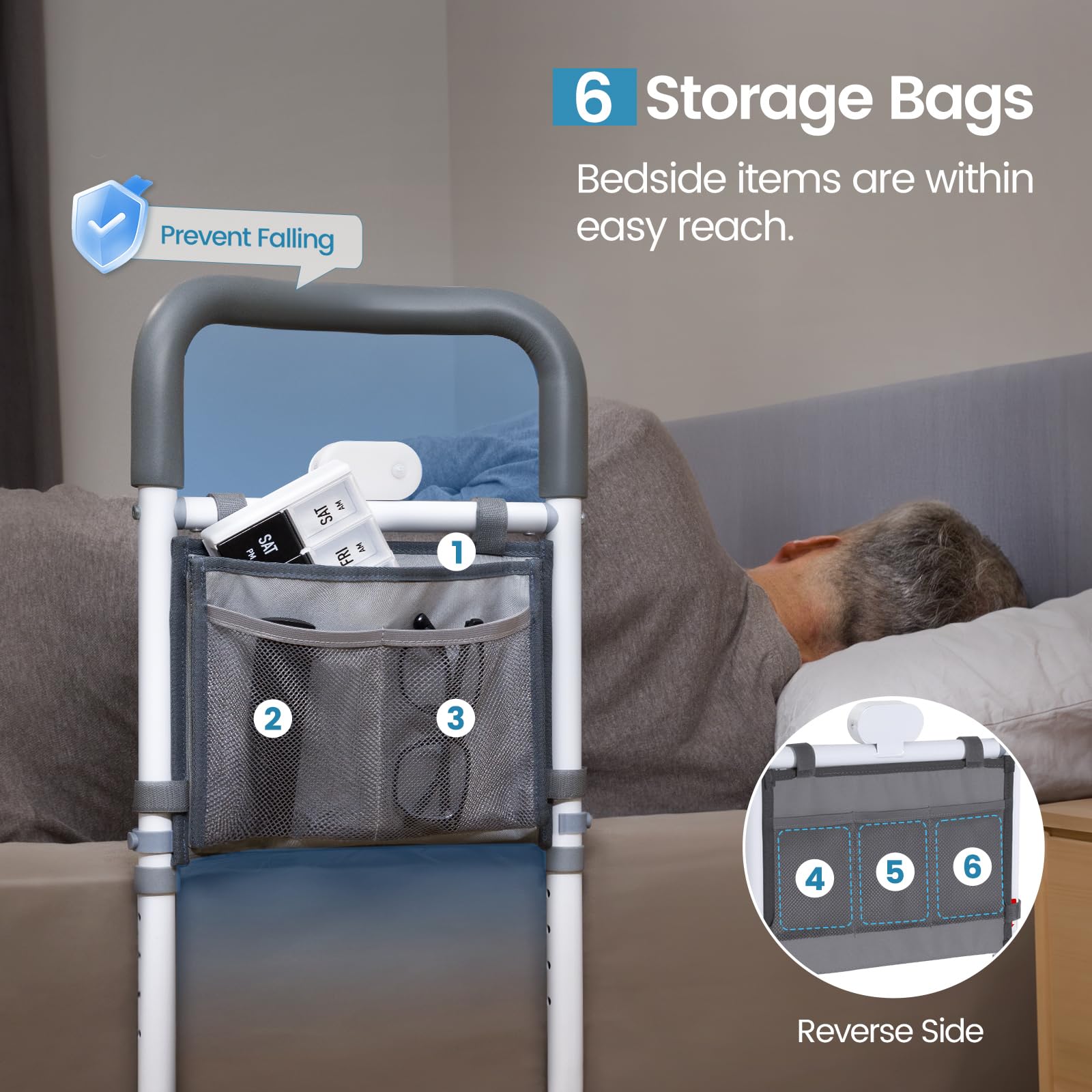 Adjustable Bed Rails for Elderly Adults - Safety Bed Assist Rail with Night Light & Storage Bag, Anti-Fall Bed Railings for Seniors - Ideal for Home Care, Hospitals, and Assisted Living Facilities