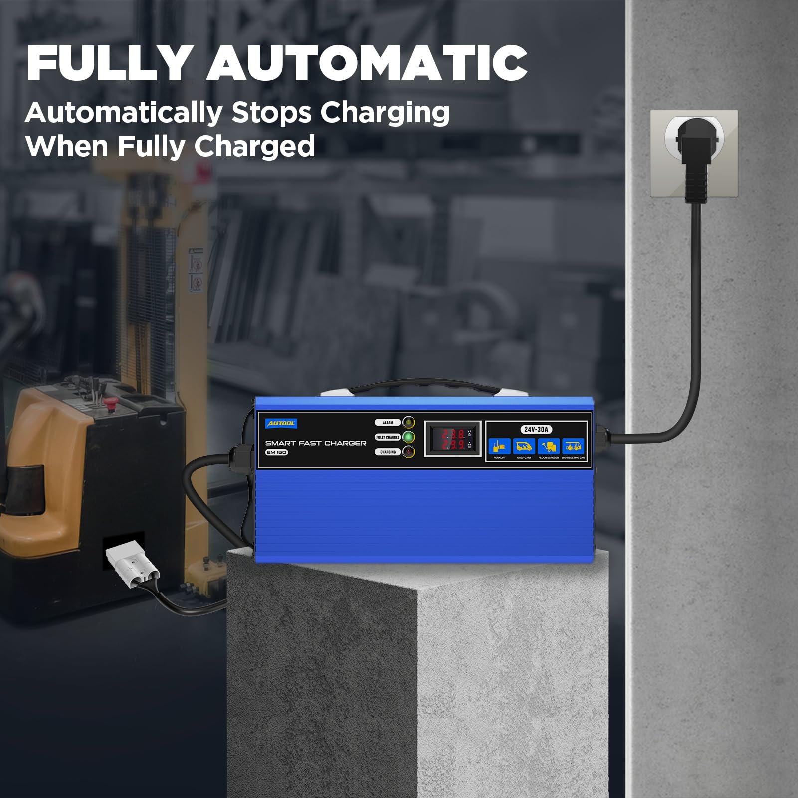 AUTOOL 24V 30A Smart Forklift Battery Charger - Fully Automatic for Electric Pallet Jacks, Forklifts & Club Cars - LCD Display & Cooling Fan - Ideal for 200AH-300AH Lead-Acid Batteries - Perfect for Warehouses, Distribution Centers & Industrial Charging Stations