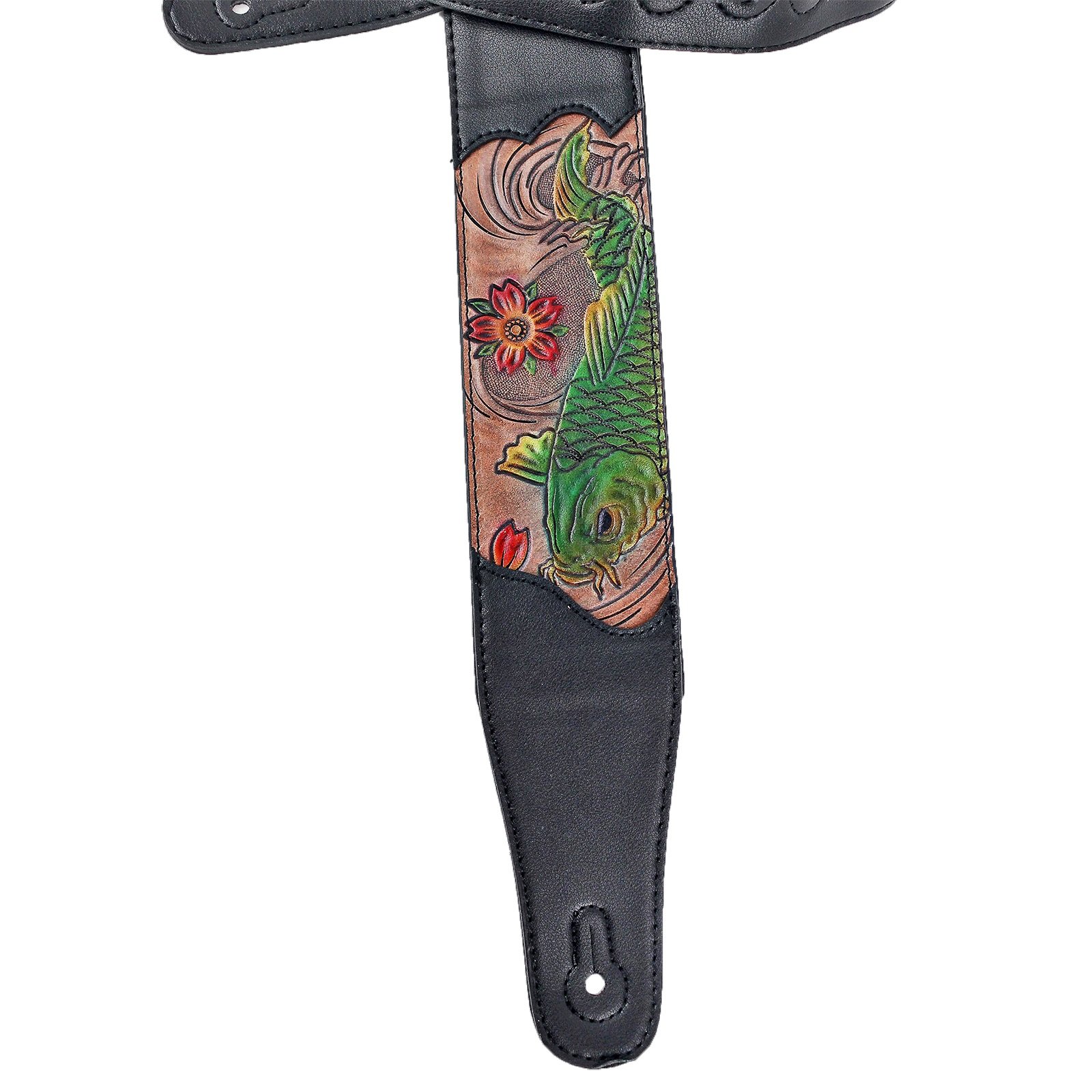 Walker & Williams CVG-161 Black Leather Padded Guitar Strap with Tooled Green Koi Fish Design - Comfortable & Adjustable for Acoustic, Electric, Bass Guitars - Perfect for Live Performances, Studio Sessions & Practice